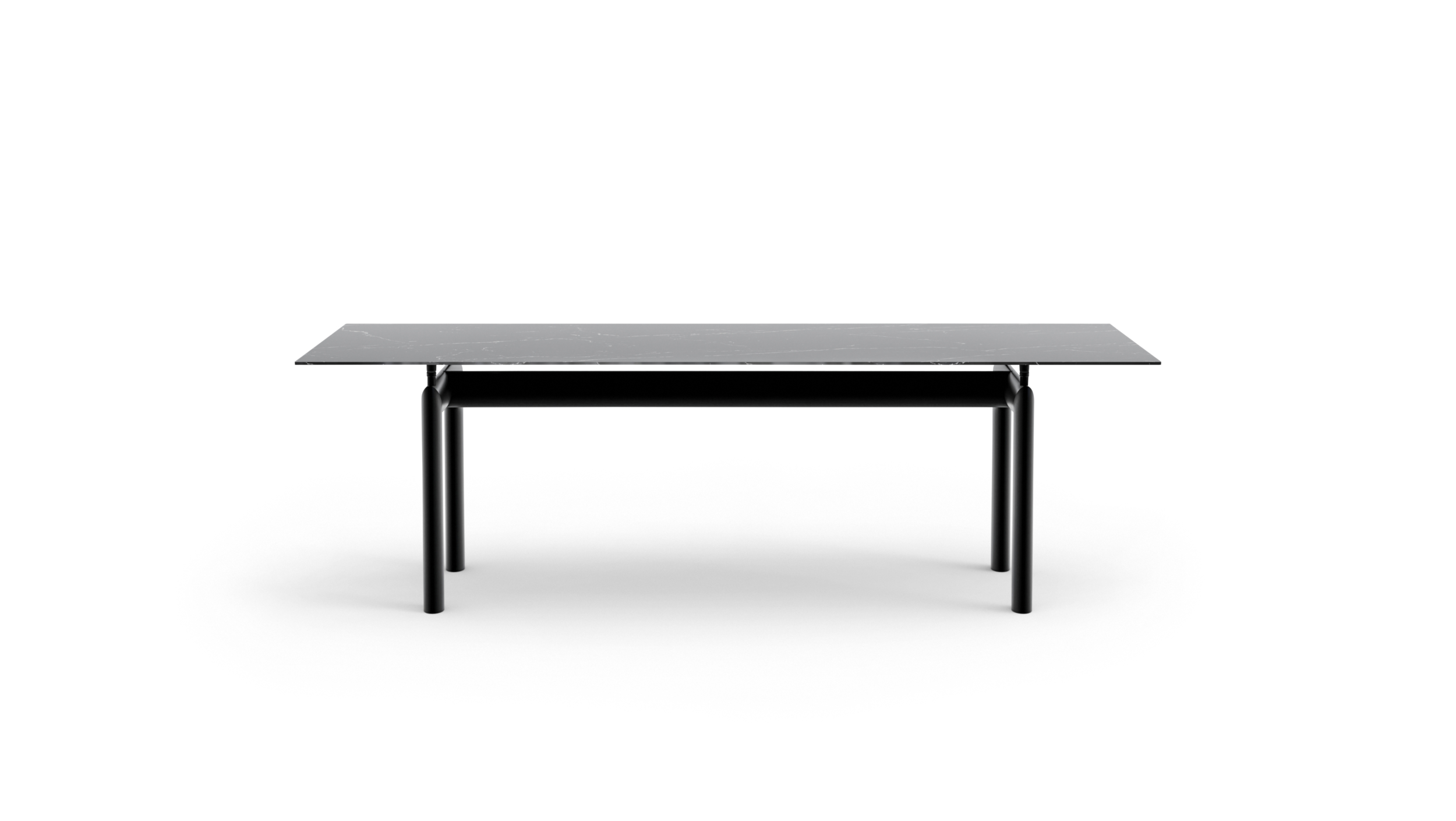 Front-Angle view of the LC6 Table Tube d'Avion Table Dining Table Stone Top by Le Corbusier, designed by Le Corbusier in 1928, available online in Canada. Made by Archetype Forms.