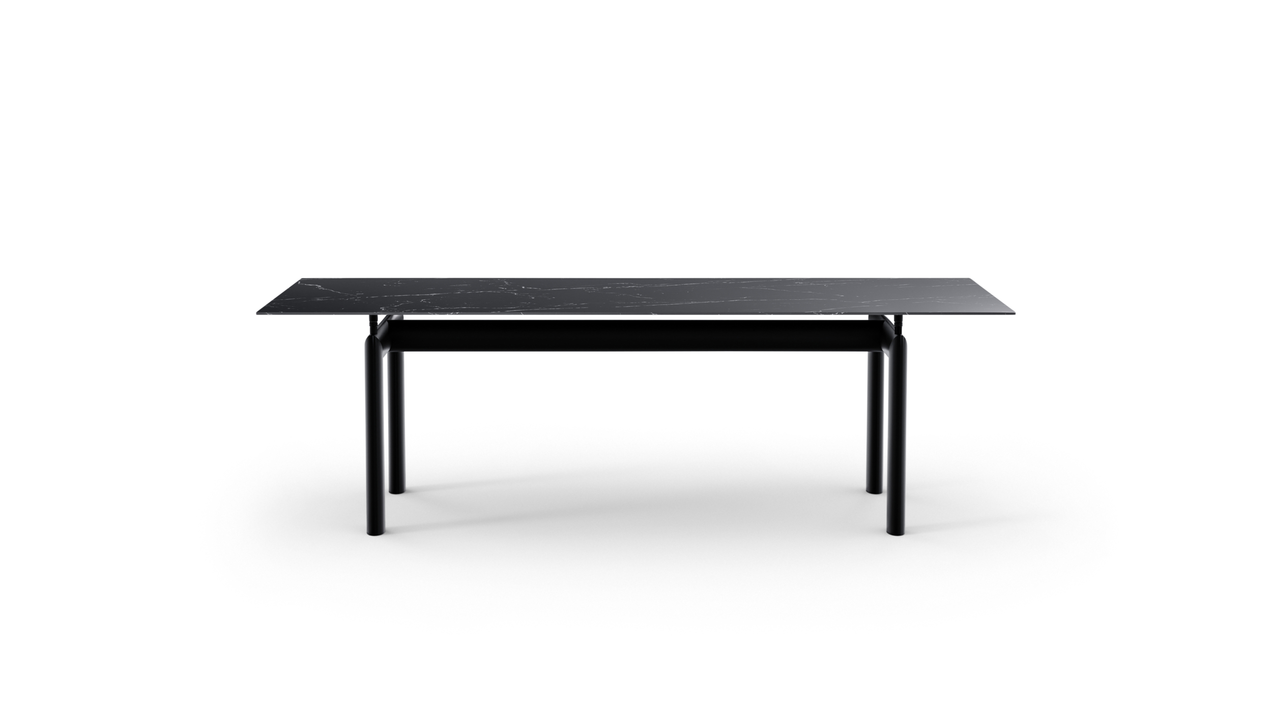 Front view of the LC6 Table Tube d'Avion Table Dining Table Stone Top by Le Corbusier, designed by Le Corbusier in 1928, available online in Canada. Made by Archetype Forms.