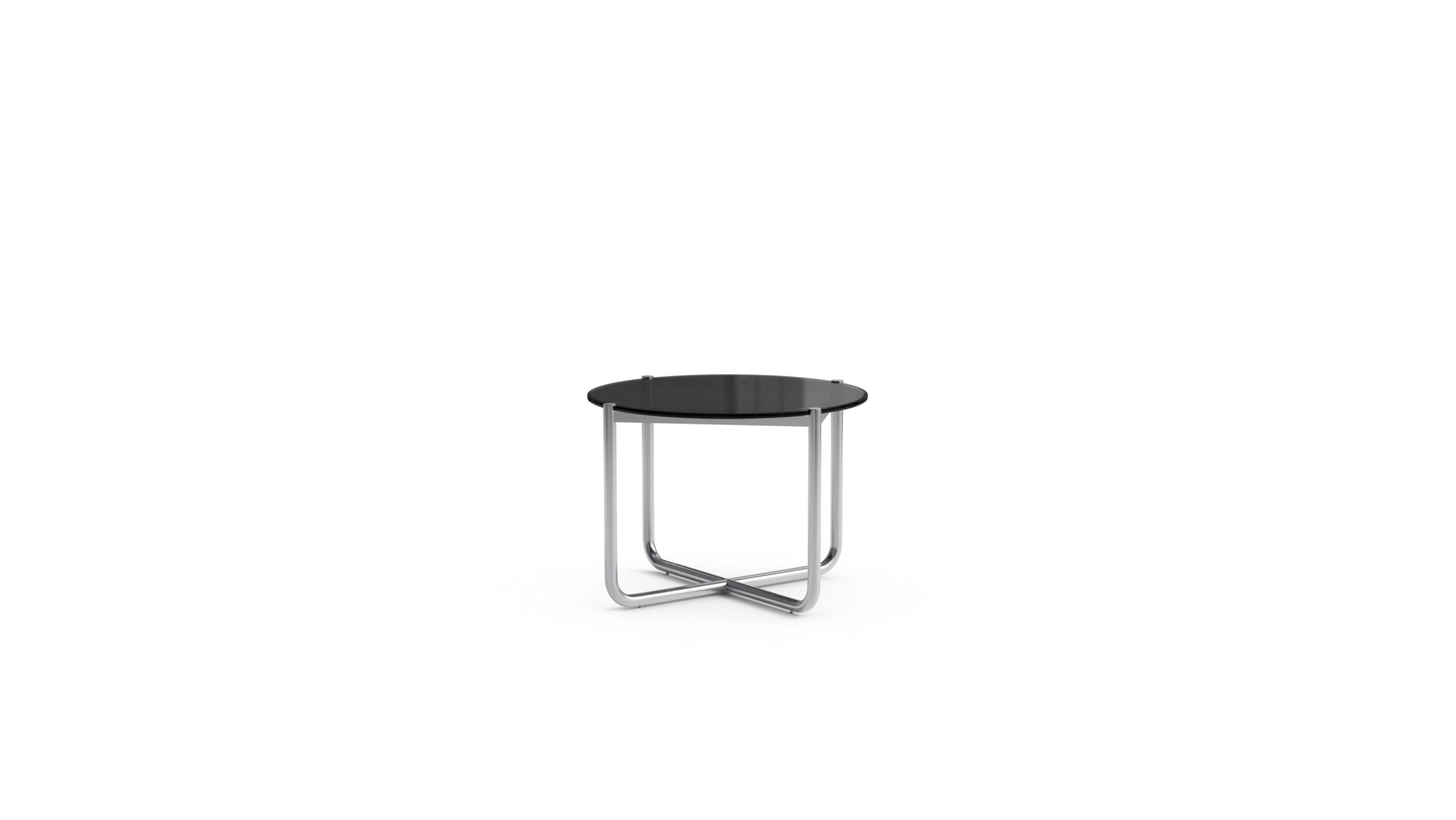 Front angle 2 view of the MR Side Table 259TS Tinted by Mies van der Rohe, available online in Canada. Designed by Mies van der Rohe, Made by Archetype Forms.