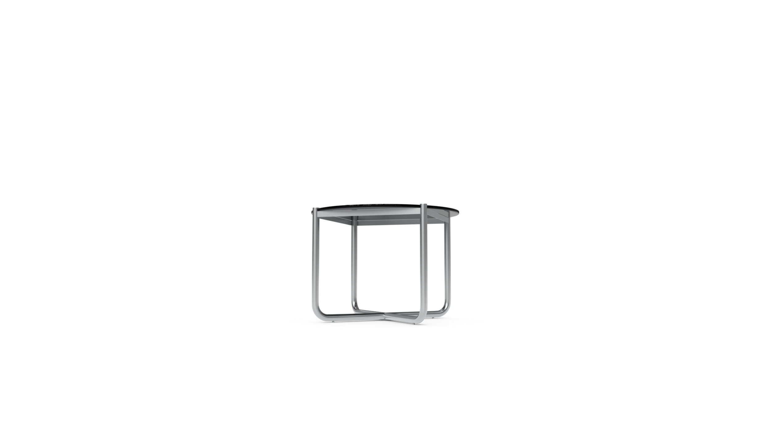 Side view of the MR Side Table 259TS Tinted by Mies van der Rohe, available online in Canada. Designed by Mies van der Rohe, Made by Archetype Forms.