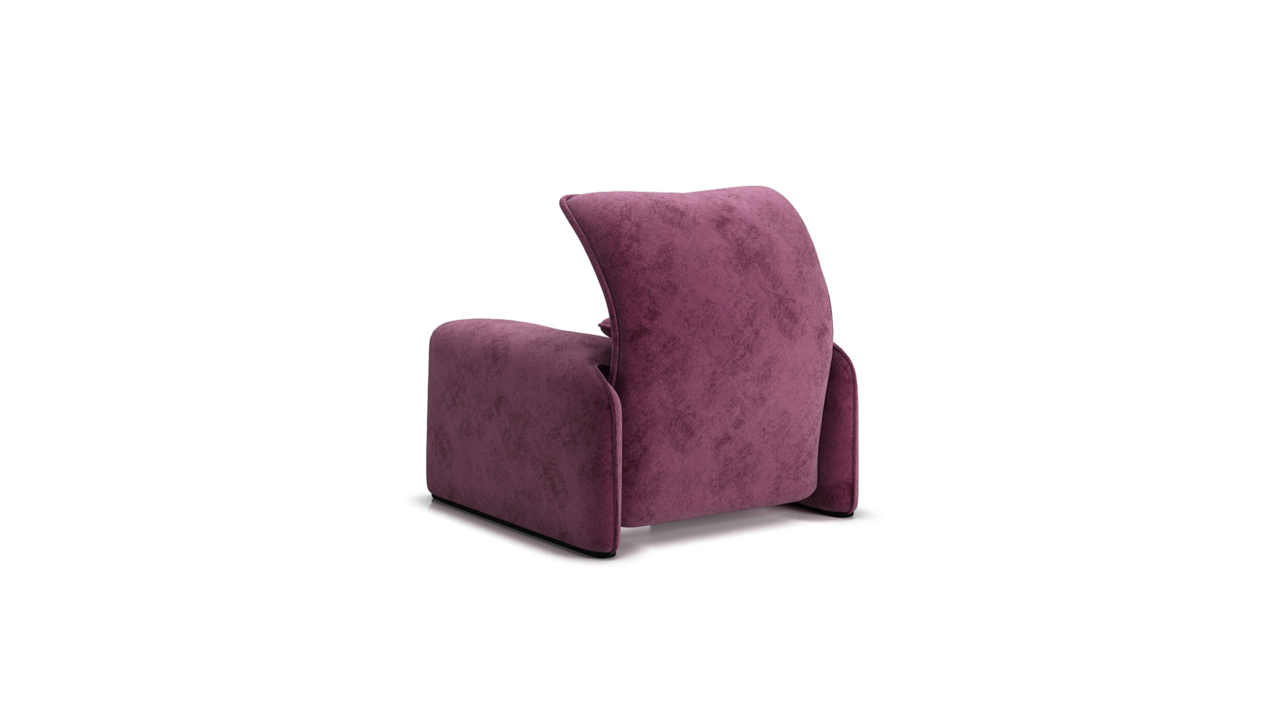 Back angle view of the Maralunga Poltrona Armchair 675 5 A1 in Purple Velvet by Vico Magistretti, designed by Vico Magistretti, available online in Canada. Made by Archetype Forms.