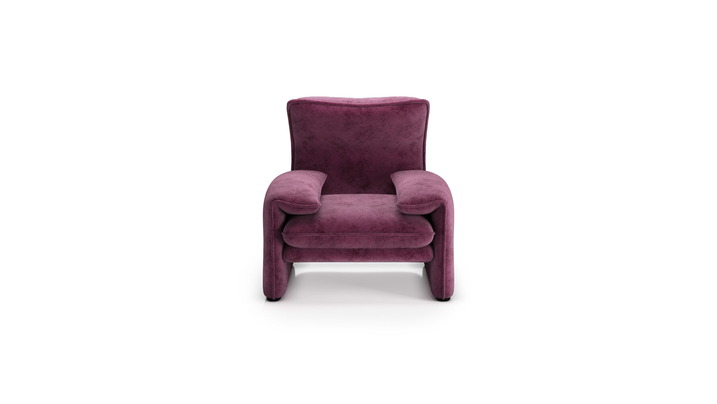 Front view 2 of the Maralunga Poltrona Armchair 675 5 A1 in Purple Velvet by Vico Magistretti, designed by Vico Magistretti, available online in Canada. Made by Archetype Forms.