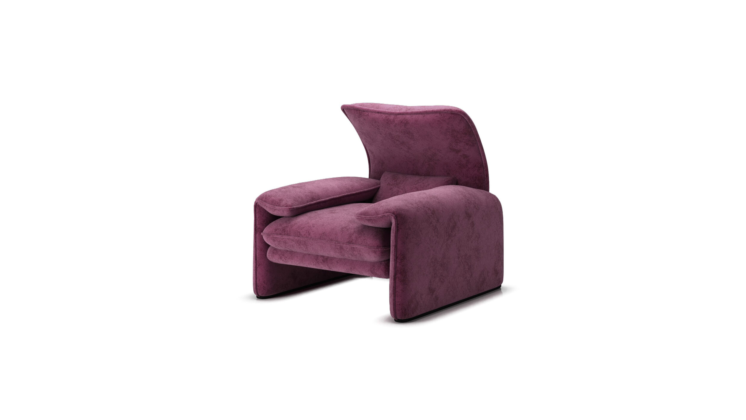 Front angle view of the Maralunga Poltrona Armchair 675 5 A1 in Purple Velvet by Vico Magistretti, designed by Vico Magistretti, available online in Canada. Made by Archetype Forms.