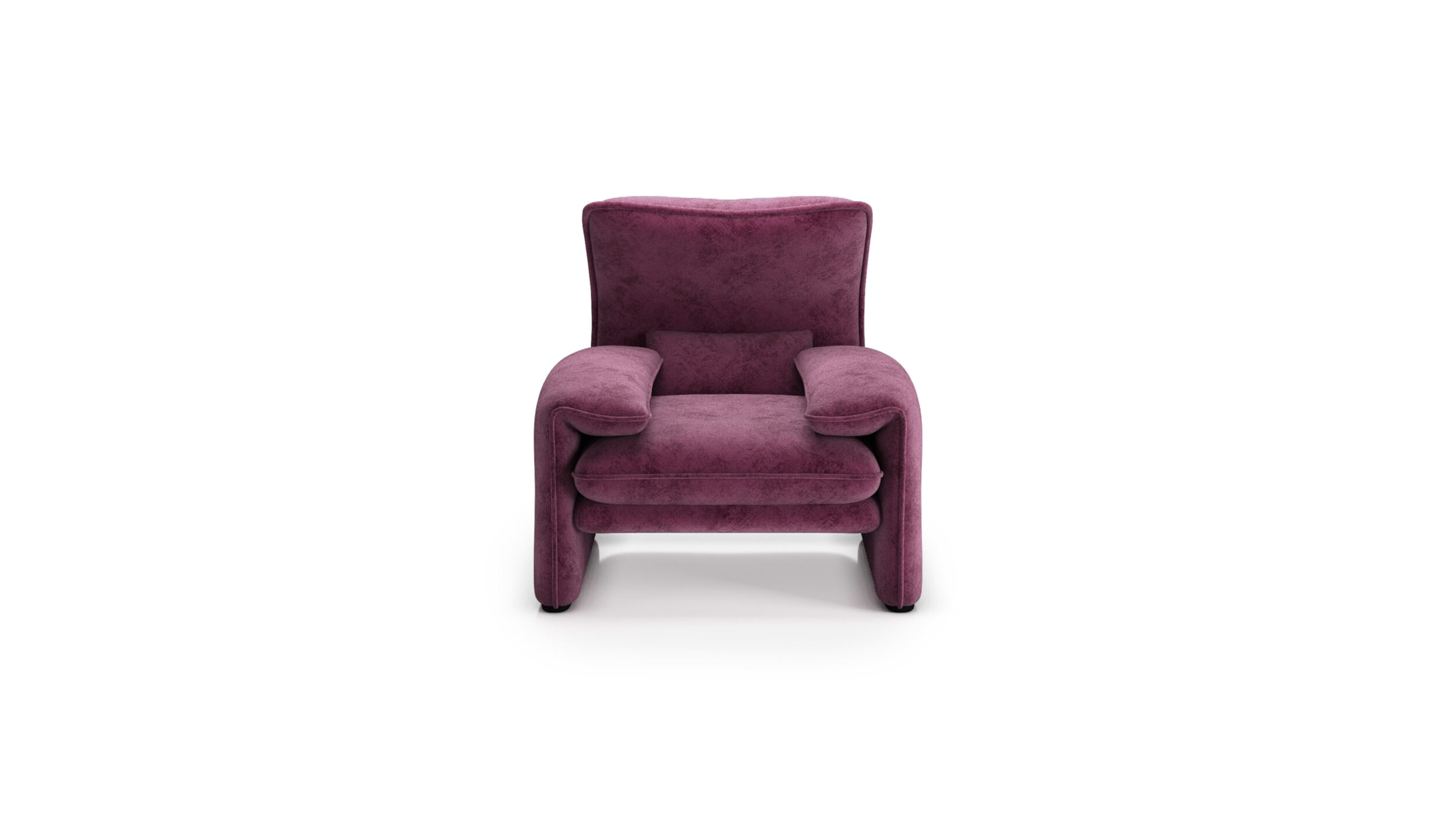 Front view of the Maralunga Poltrona Armchair 675 5 A1 in Purple Velvet by Vico Magistretti, designed by Vico Magistretti, available online in Canada. Made by Archetype Forms.