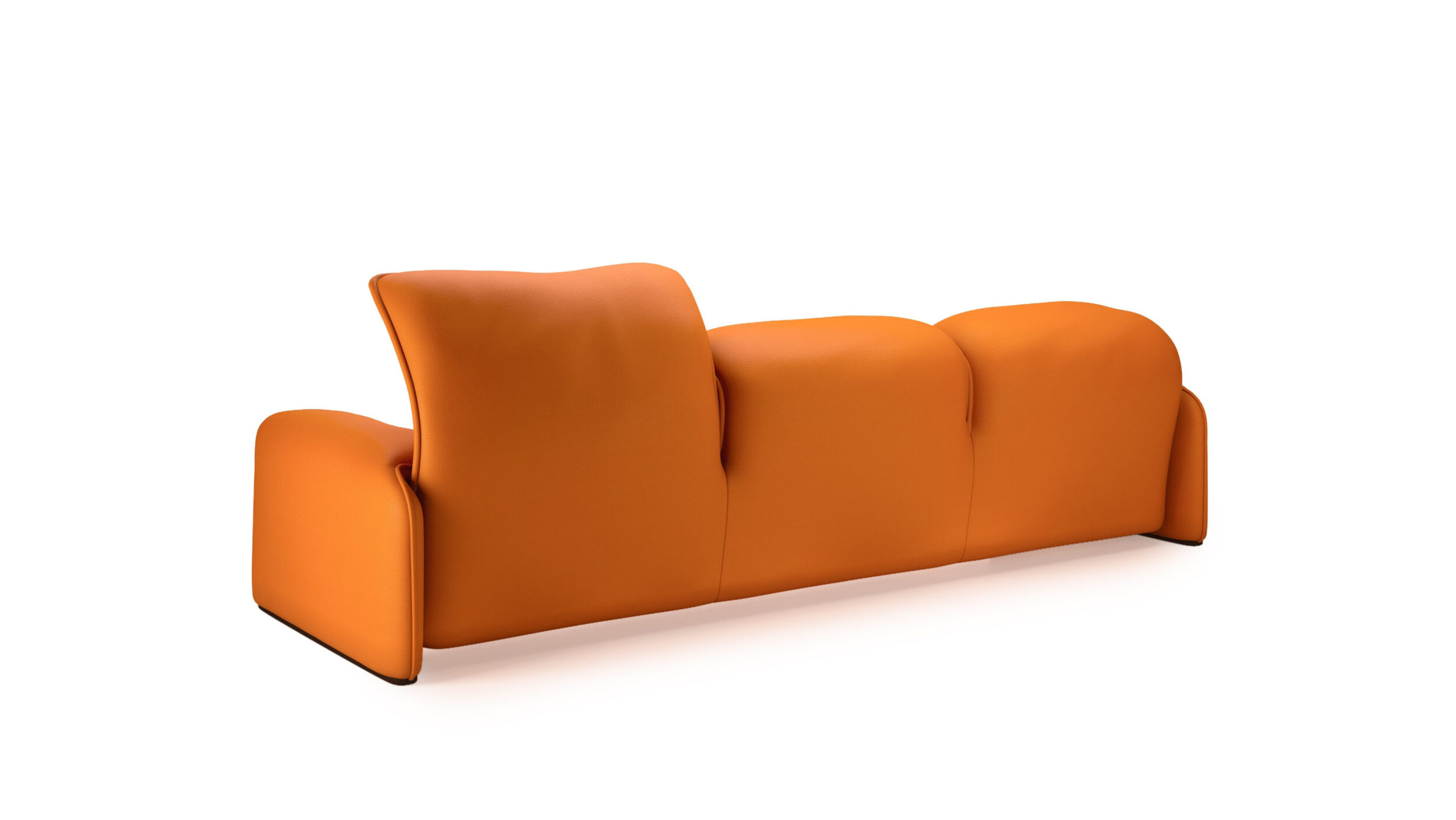 Back angle view of the Maralunga 3-Seat Sofa Large 675 03 A7 in Orange Leather by Vico Magistretti, designed by Vico Magistretti, available online in Canada. Made by Archetype Forms.