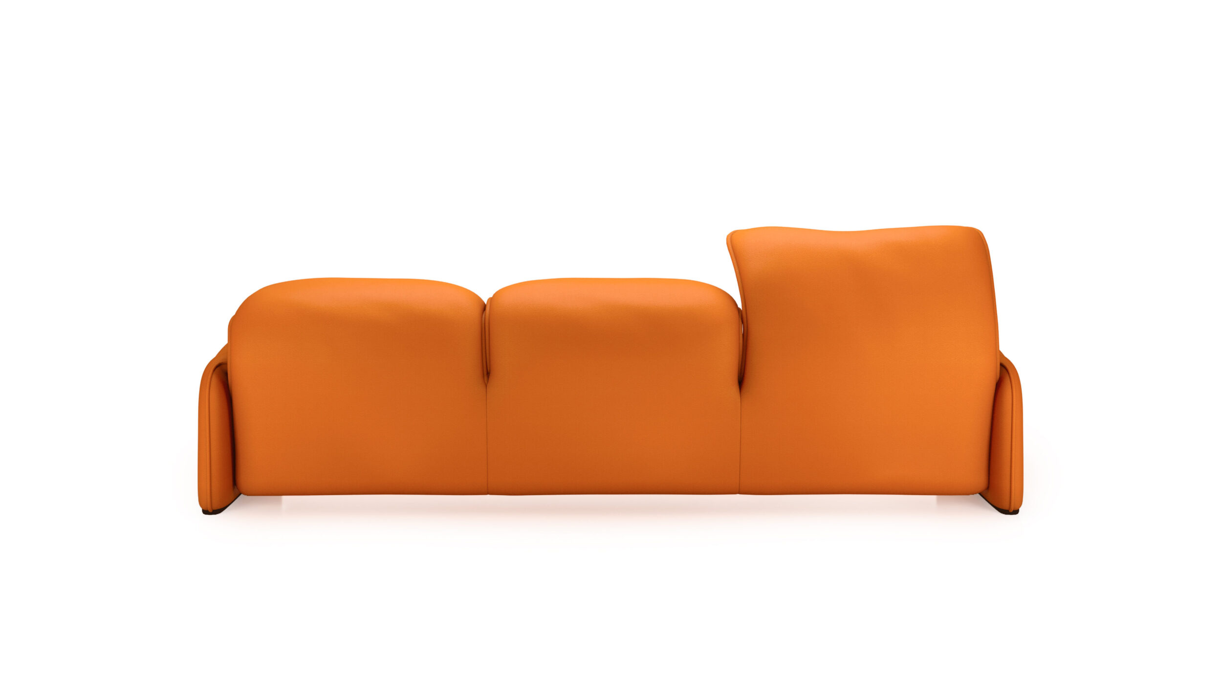 Back view of the Maralunga 3-Seat Sofa Large 675 03 A7 in Orange Leather by Vico Magistretti, designed by Vico Magistretti, available online in Canada. Made by Archetype Forms.