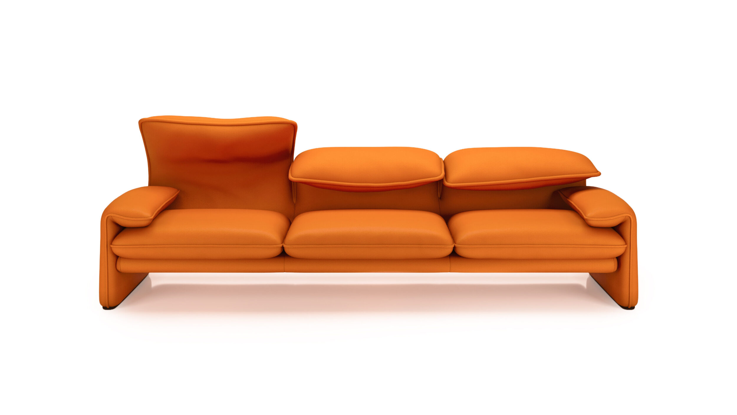 Front view 2 of the Maralunga 3-Seat Sofa Large 675 03 A7 in Orange Leather by Vico Magistretti, designed by Vico Magistretti, available online in Canada. Made by Archetype Forms.