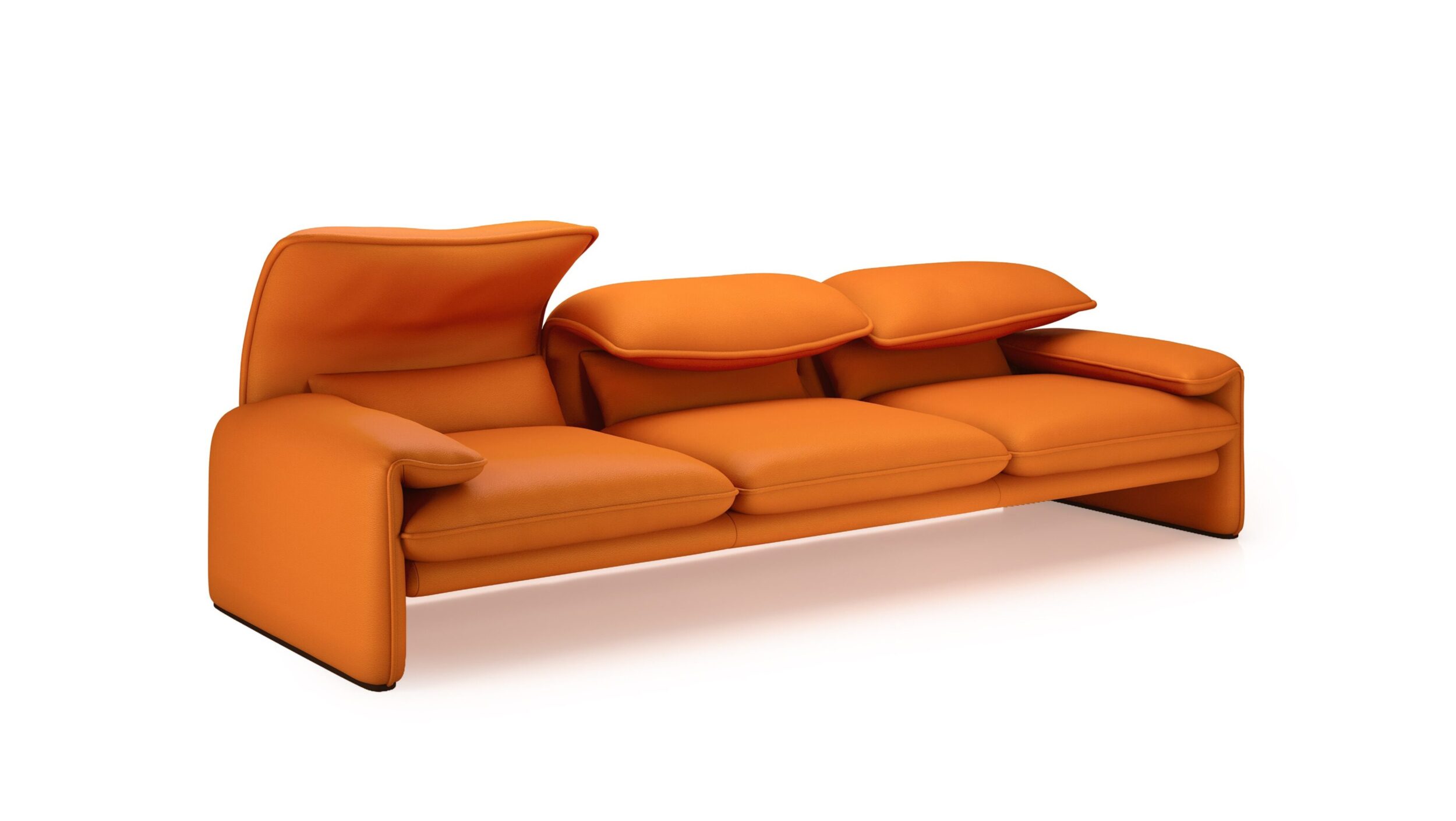 Maralunga Poltrana 3-Seat Sofa Large 675 03 A7 by Vico Magistretti, Designed by Vico Magistretti, Made by Archetype Forms, Vancouver BC, Canada, in Orange Leather, Front Angle 2 View