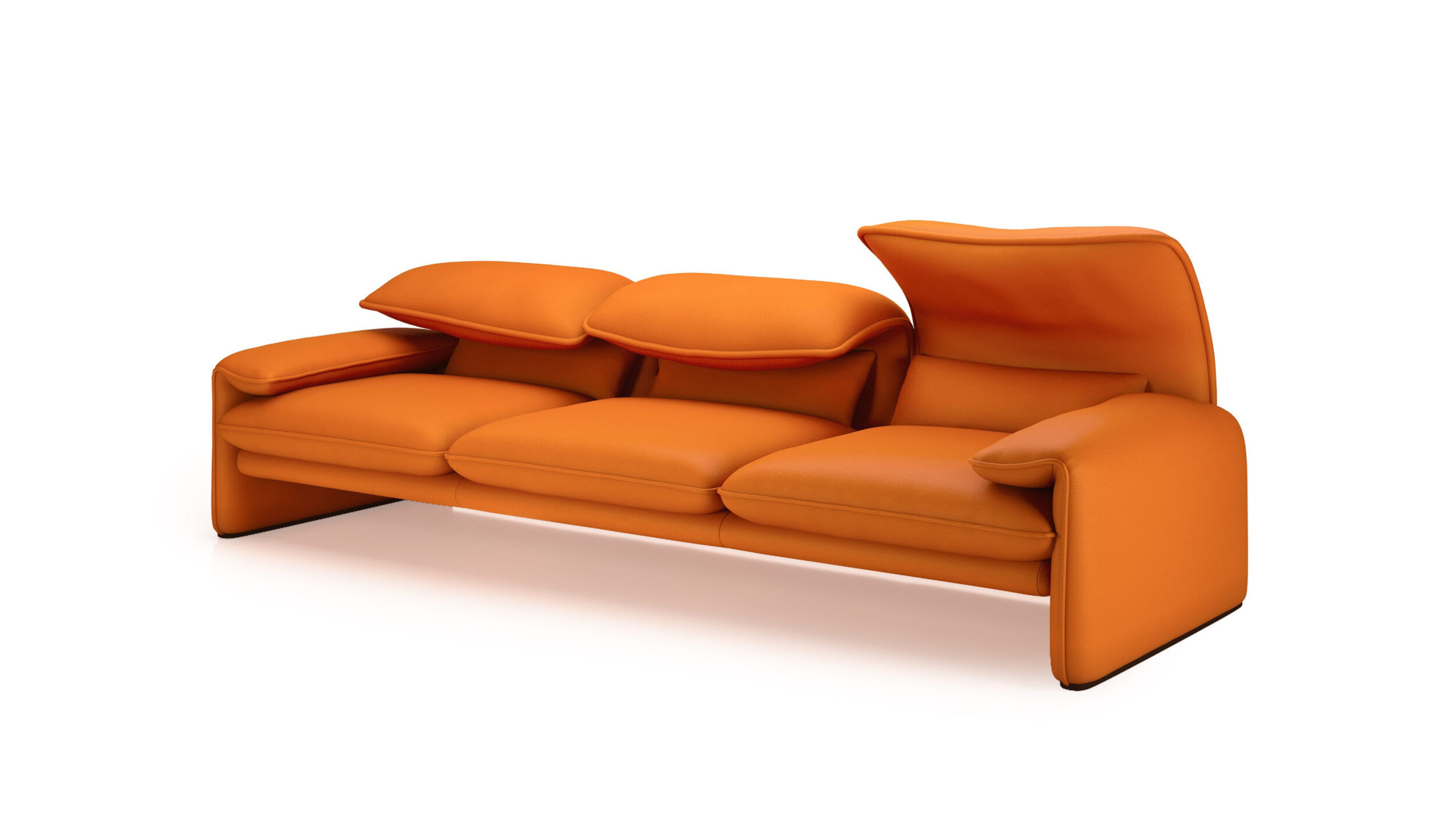 Front angle view of the Maralunga 3-Seat Sofa Large 675 03 A7 in Orange Leather by Vico Magistretti, designed by Vico Magistretti, available online in Canada. Made by Archetype Forms.