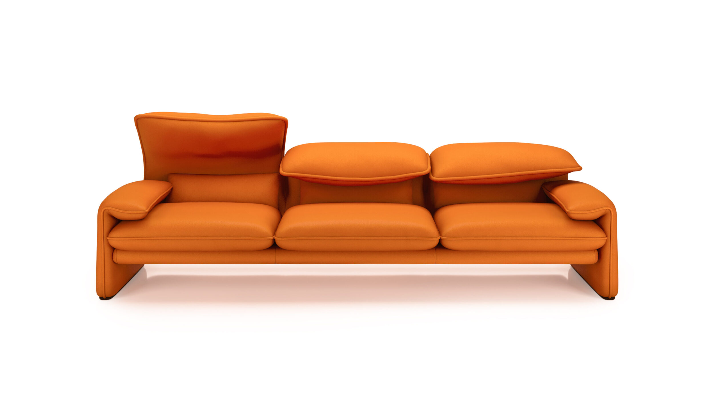 Front view of the Maralunga 3-Seat Sofa Large 675 03 A7 in Orange Leather by Vico Magistretti, designed by Vico Magistretti, available online in Canada. Made by Archetype Forms.