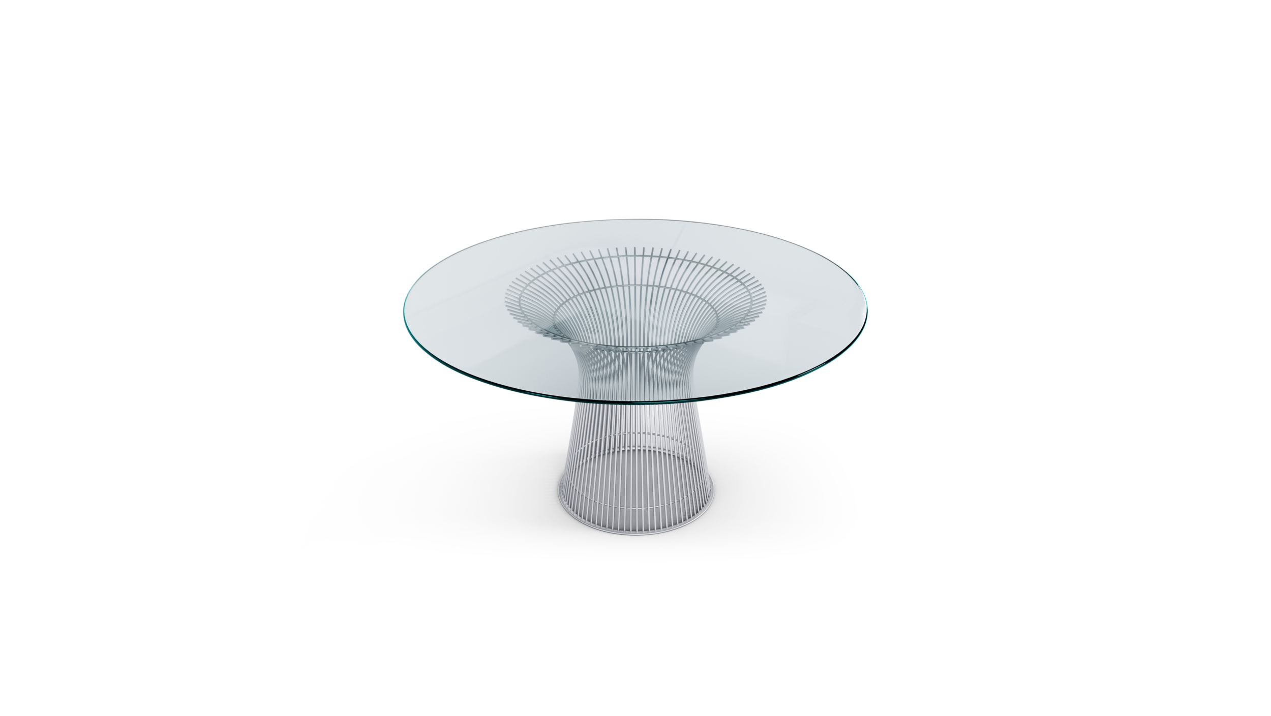 Front angle 2 view of the Platner Series 3716 Dining Table 54 Round Clear Glass on Matte Chrome Base by Warren Platner, designed by Warren Platner, available online in Canada. Made by Archetype Forms.