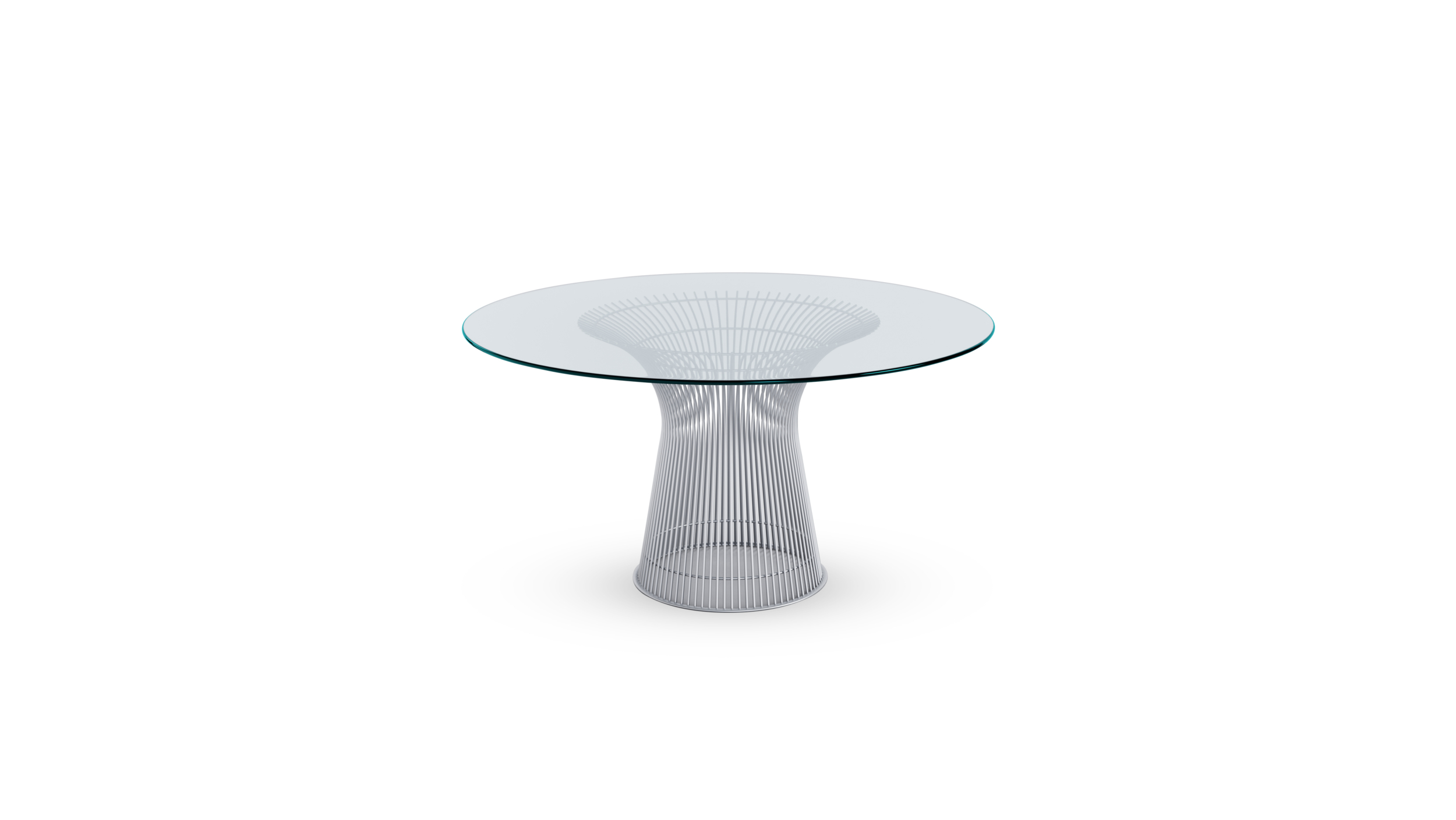 Front angle view of the Platner Series 3716 Dining Table 54 Round Clear Glass on Matte Chrome Base by Warren Platner, designed by Warren Platner, available online in Canada. Made by Archetype Forms.