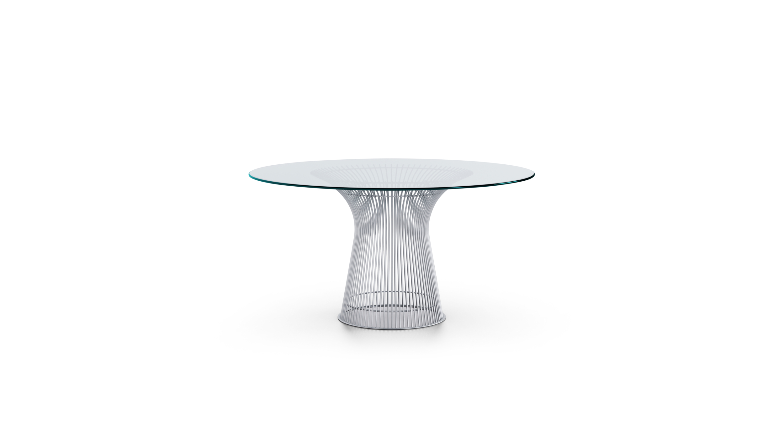 Front view of the Platner Series 3716 Dining Table 54 Round Clear Glass on Matte Chrome Base by Warren Platner, designed by Warren Platner, available online in Canada. Made by Archetype Forms.