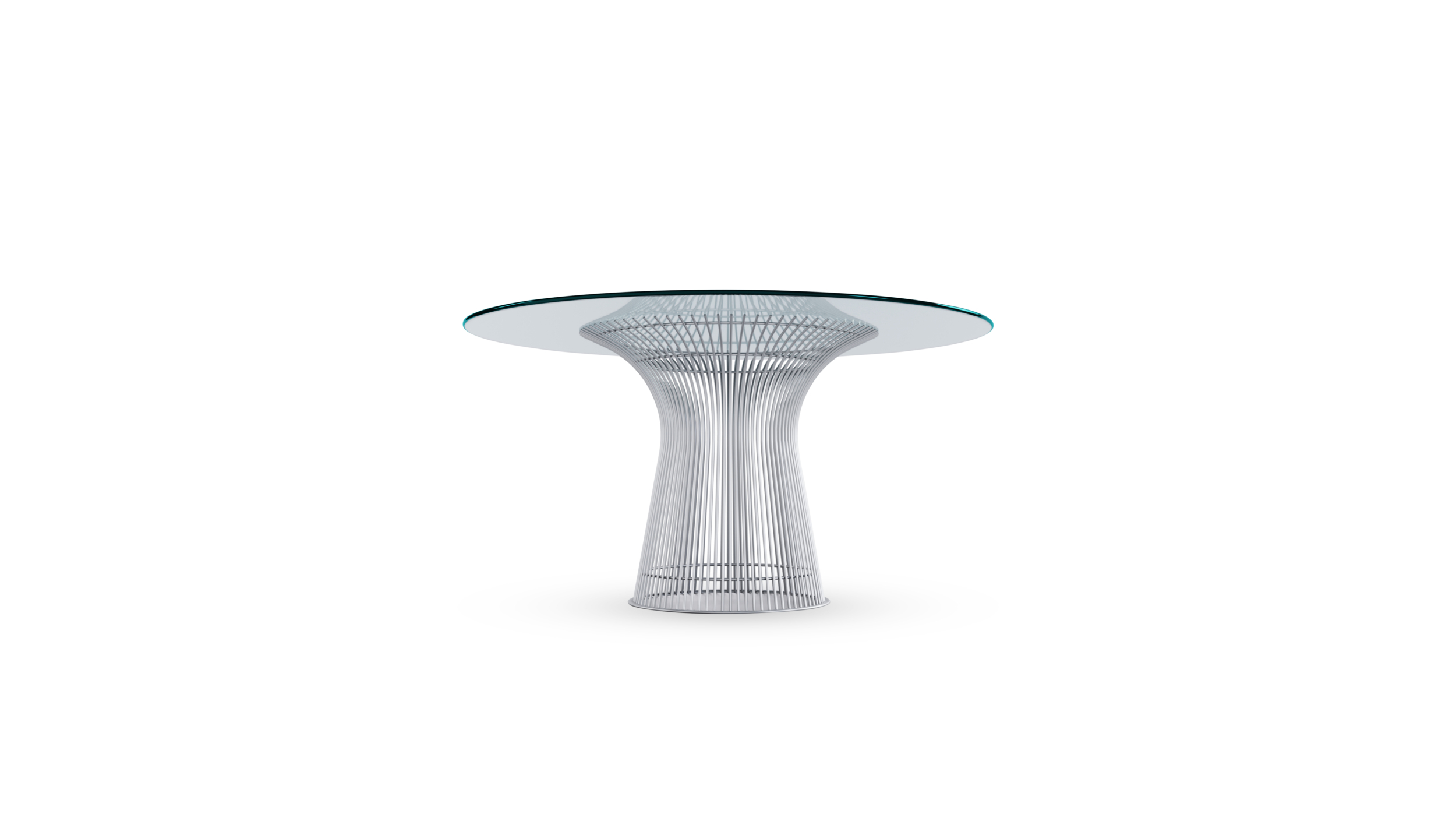 Side view of the Platner Series 3716 Dining Table 54 Round Clear Glass on Matte Chrome Base by Warren Platner, designed by Warren Platner, available online in Canada. Made by Archetype Forms.