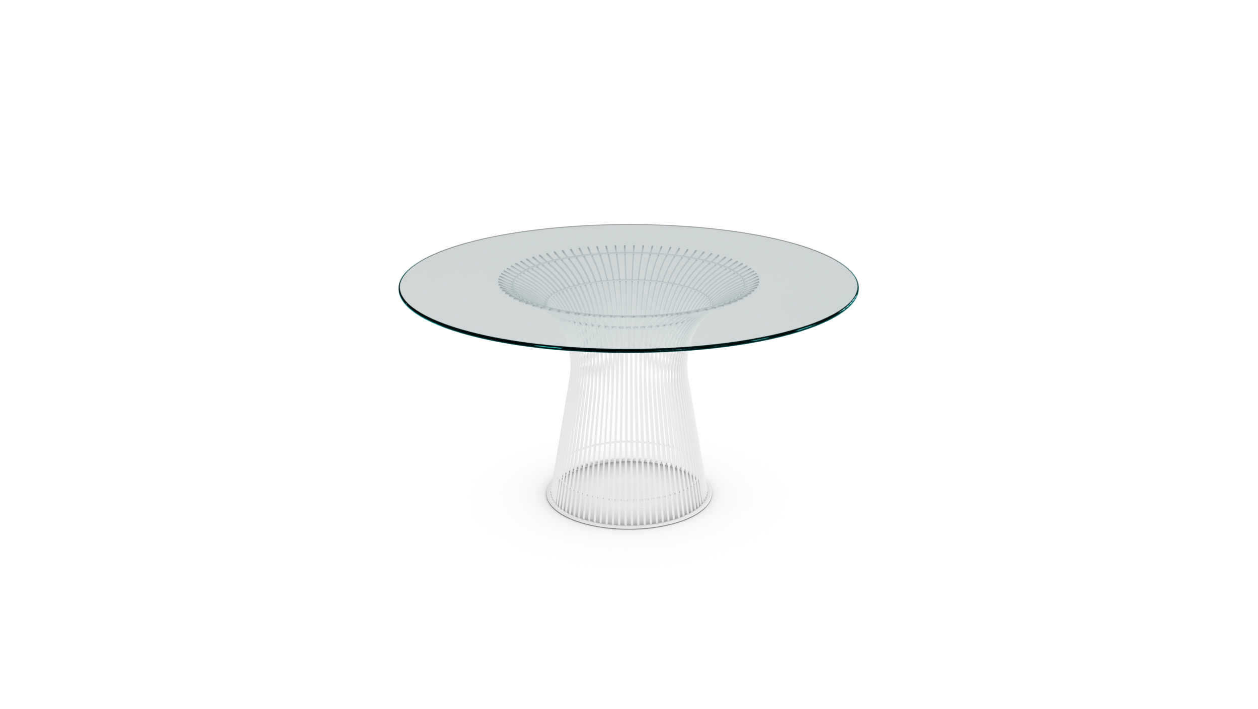 Front angle view of the Platner Series 3716 Dining Table 54 Round Clear Glass on White Base by Warren Platner, designed by Warren Platner, available online in Canada. Made by Archetype Forms.