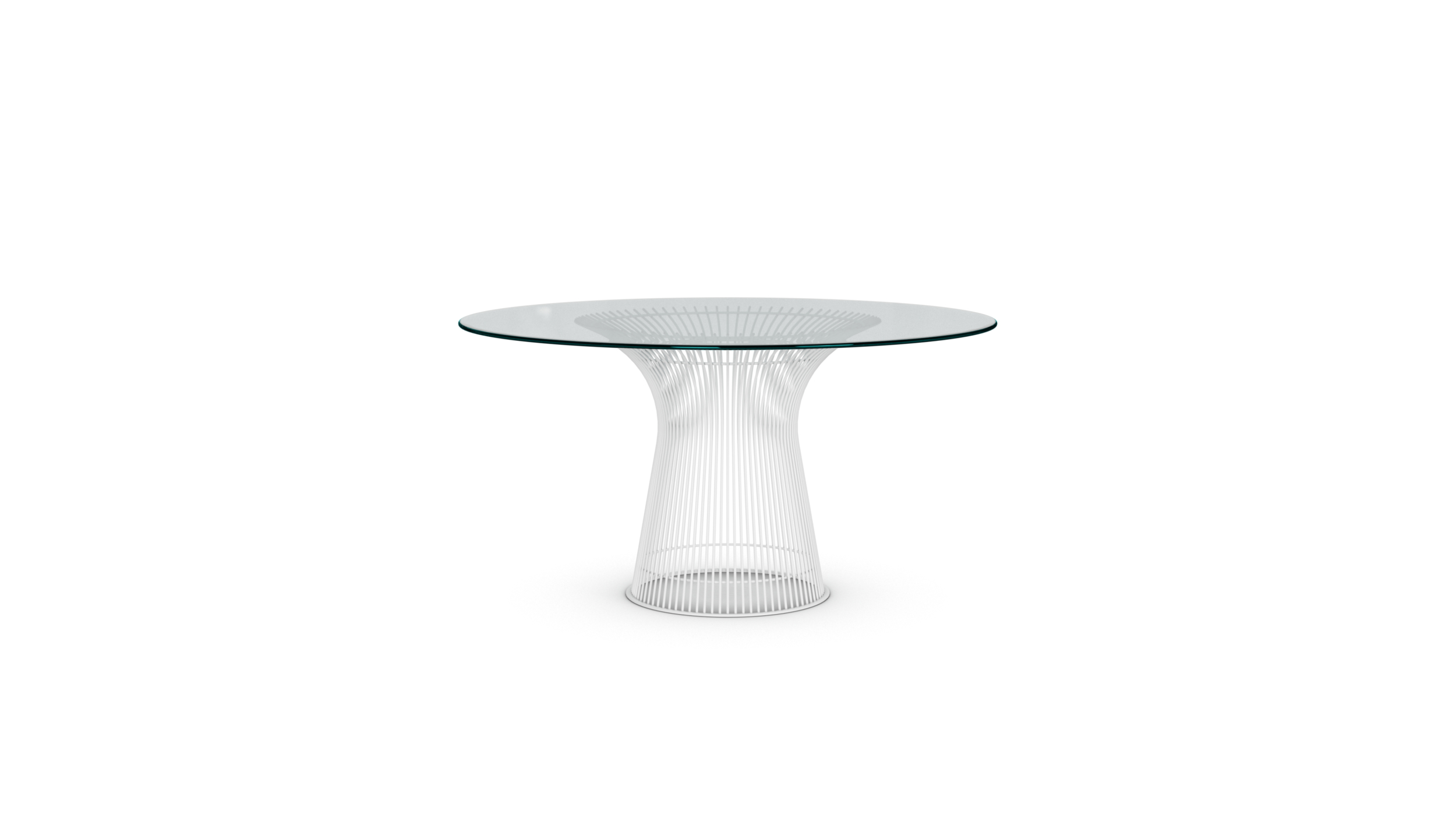 Front view of the Platner Series 3716 Dining Table 54 Round Clear Glass on White Base by Warren Platner, designed by Warren Platner, available online in Canada. Made by Archetype Forms.