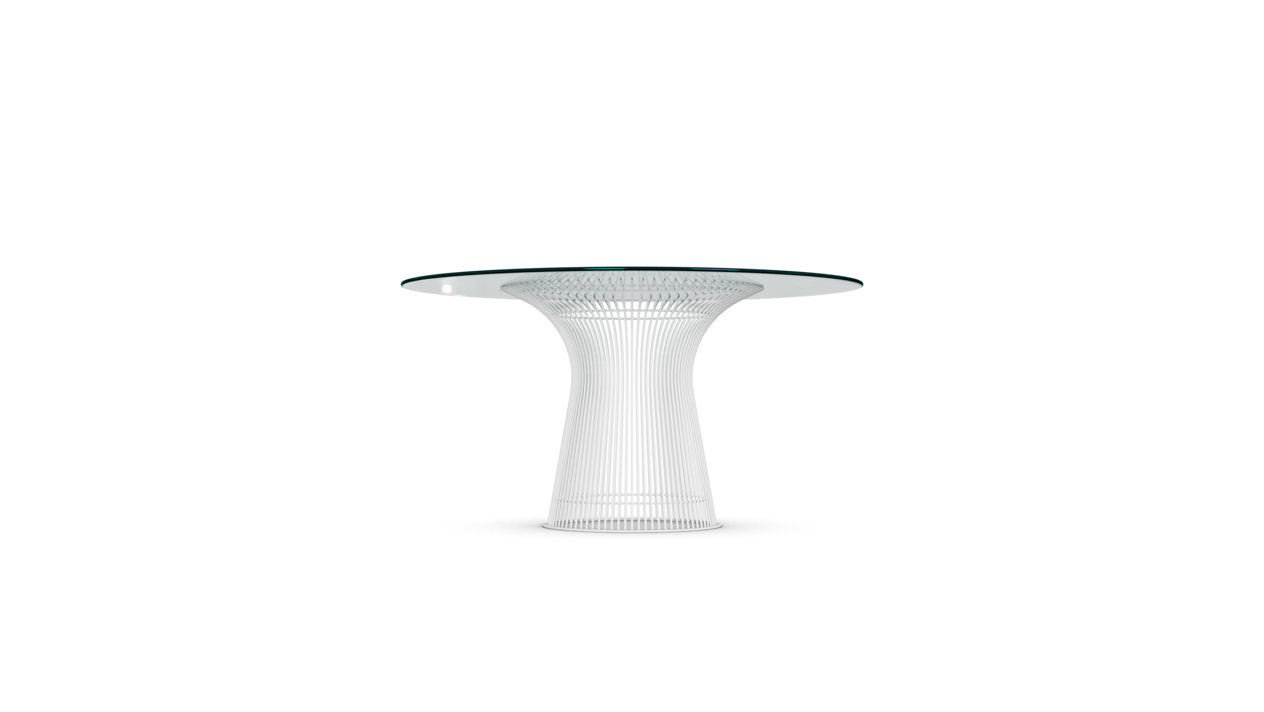 Side view of the Platner Series 3716 Dining Table 54 Round Clear Glass on White Base by Warren Platner, designed by Warren Platner, available online in Canada. Made by Archetype Forms.