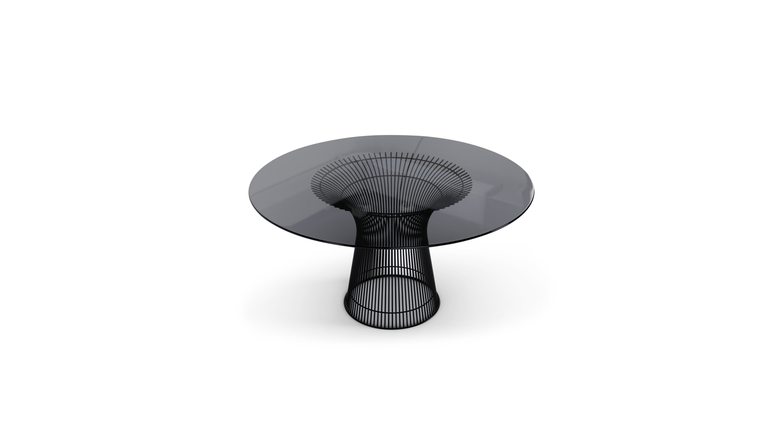 3716 Platner Series Dining Table 54 inch Round Smoke Grey Tinted Glass on Black Steel Base by Warren Platner, Designed by Warren Platner, Made by Archetype Forms, Vancouver BC, Canada, Front Angle 2 View