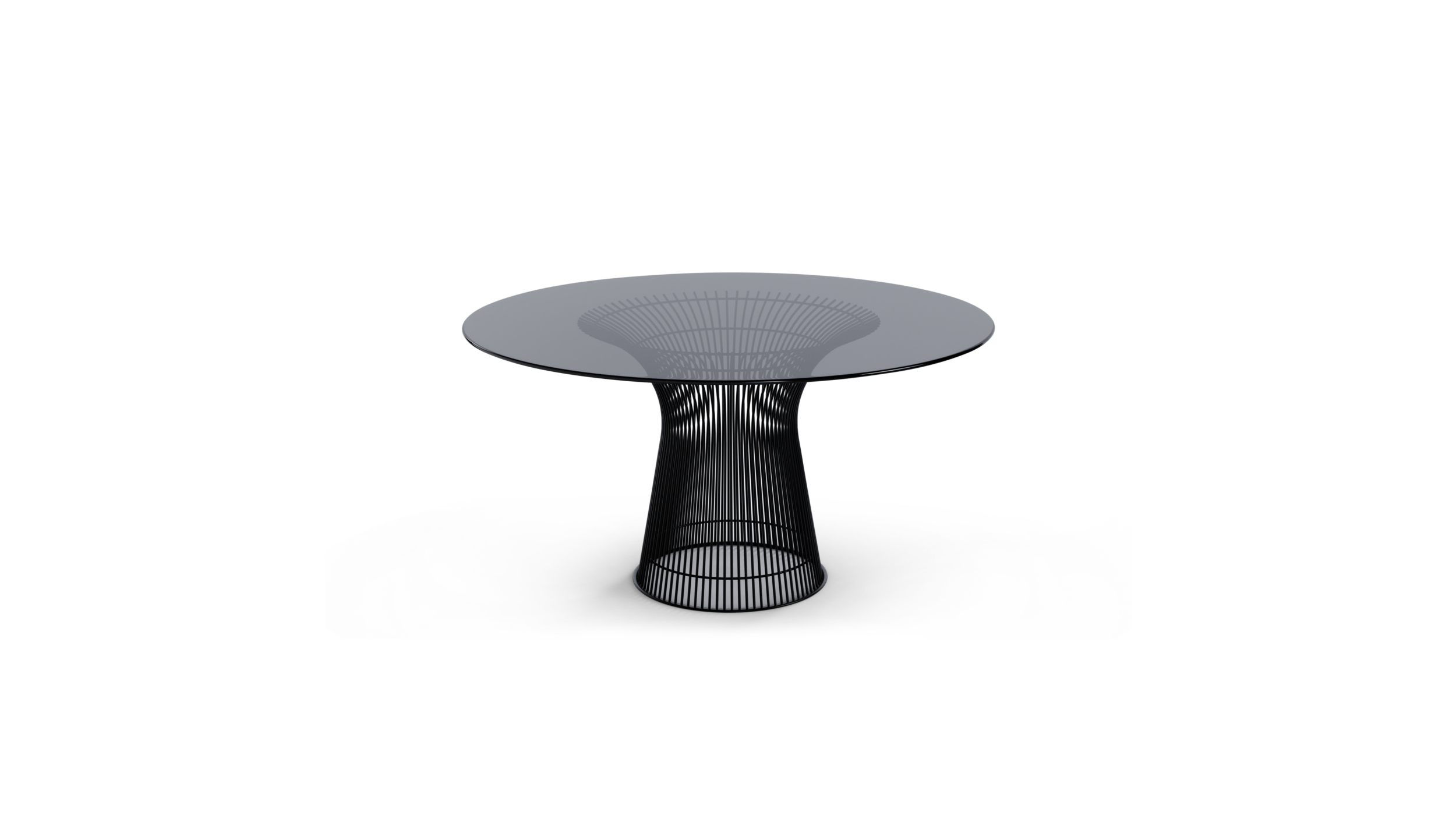 Front angle view of the Platner Series 3716 Dining Table 54 Round Smoke Grey Tinted Glass on Black Base by Warren Platner, designed by Warren Platner, available online in Canada. Made by Archetype Forms.