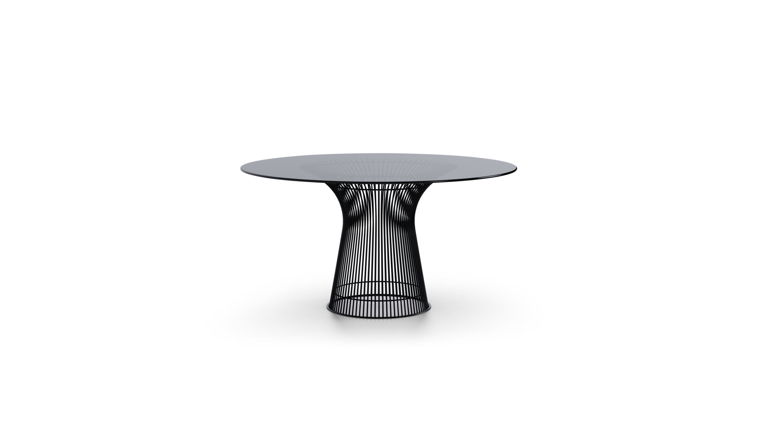 Front view of the Platner Series 3716 Dining Table 54 Round Smoke Grey Tinted Glass on Black Base by Warren Platner, designed by Warren Platner, available online in Canada. Made by Archetype Forms.