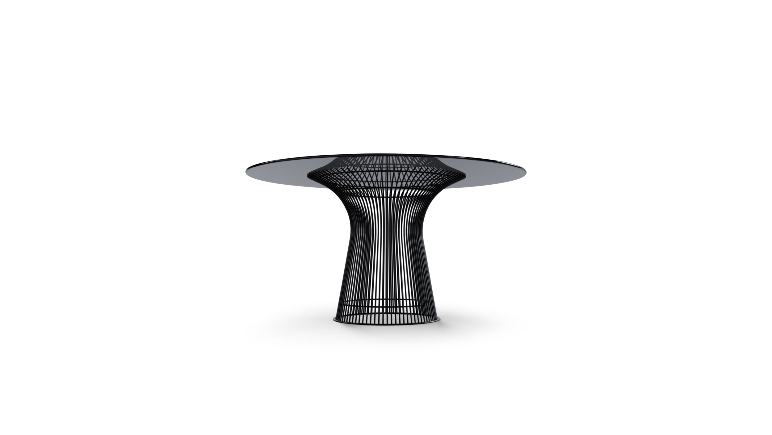 Side view of the Platner Series 3716 Dining Table 54 Round Smoke Grey Tinted Glass on Black Base by Warren Platner, designed by Warren Platner, available online in Canada. Made by Archetype Forms.