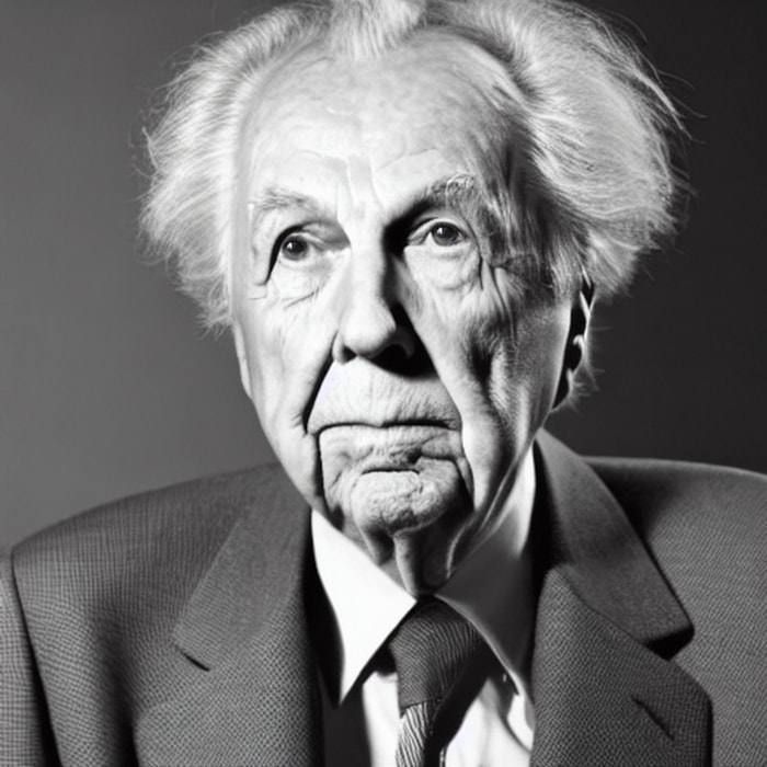 Black and white portrait of Frank Lloyd Wright, designer of the Barrel chair, the Taliesin line, and the Origami chair, available here in Canada.