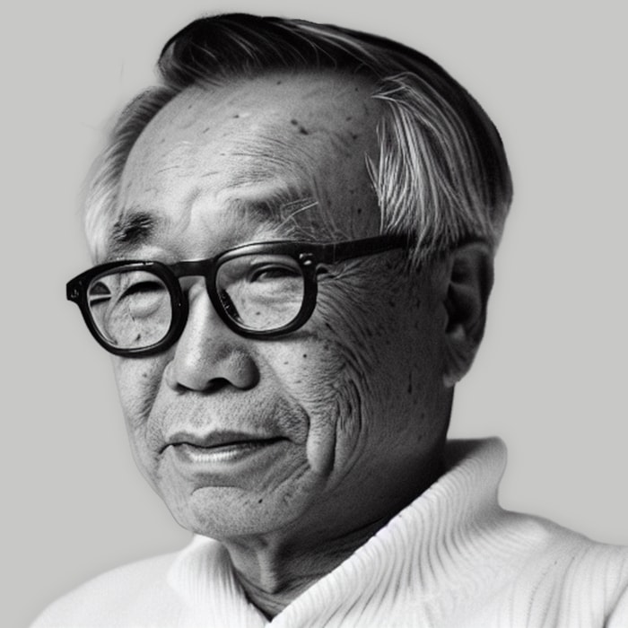 Black and white portrait of Kazuhide Takahama, designer of iconic furniture like the Tulu chair, Suzanne sofa, and Kazuki armchair, available here in Canada.