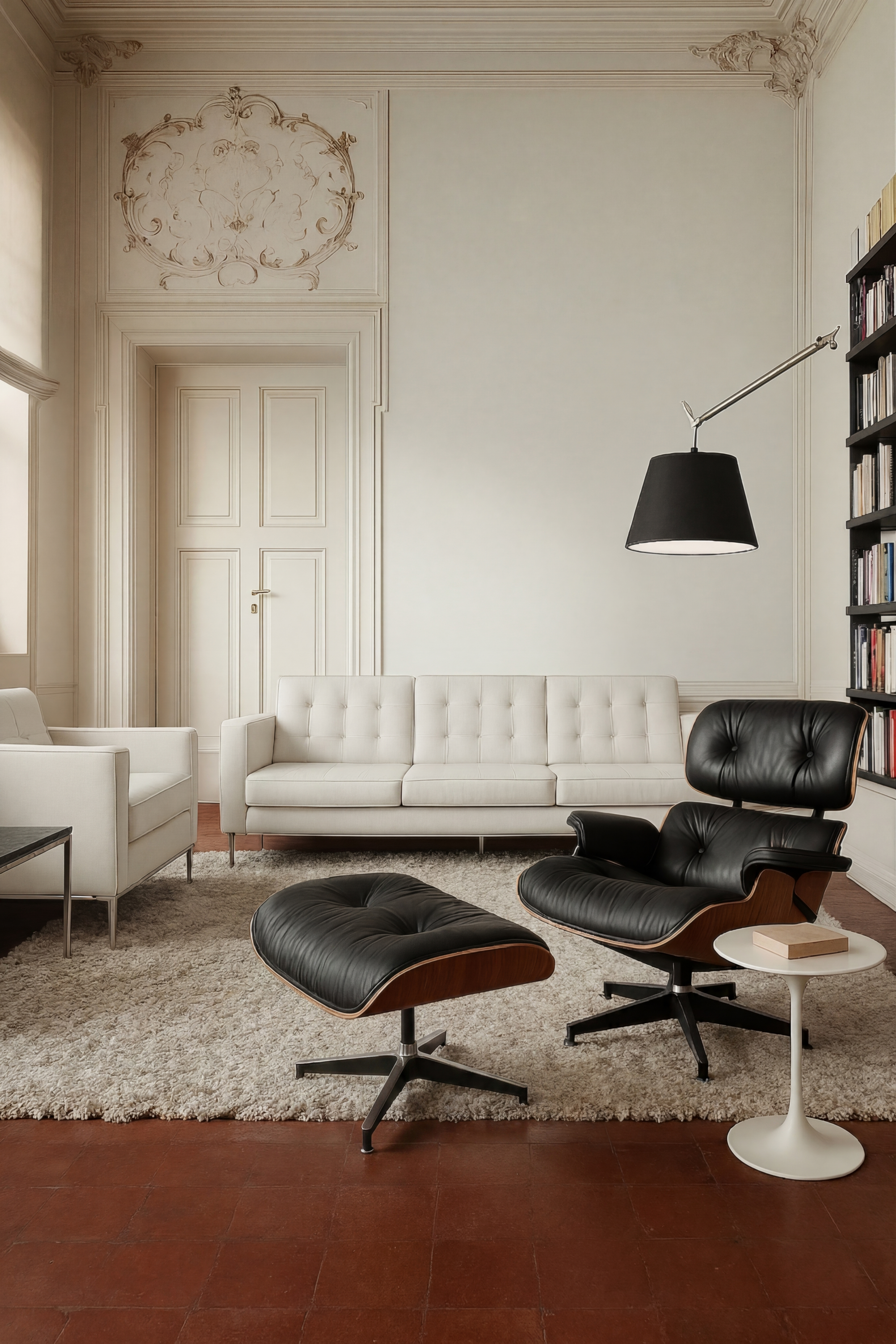 Modern living room with Eames-style chair, ottoman, and bookshelf.