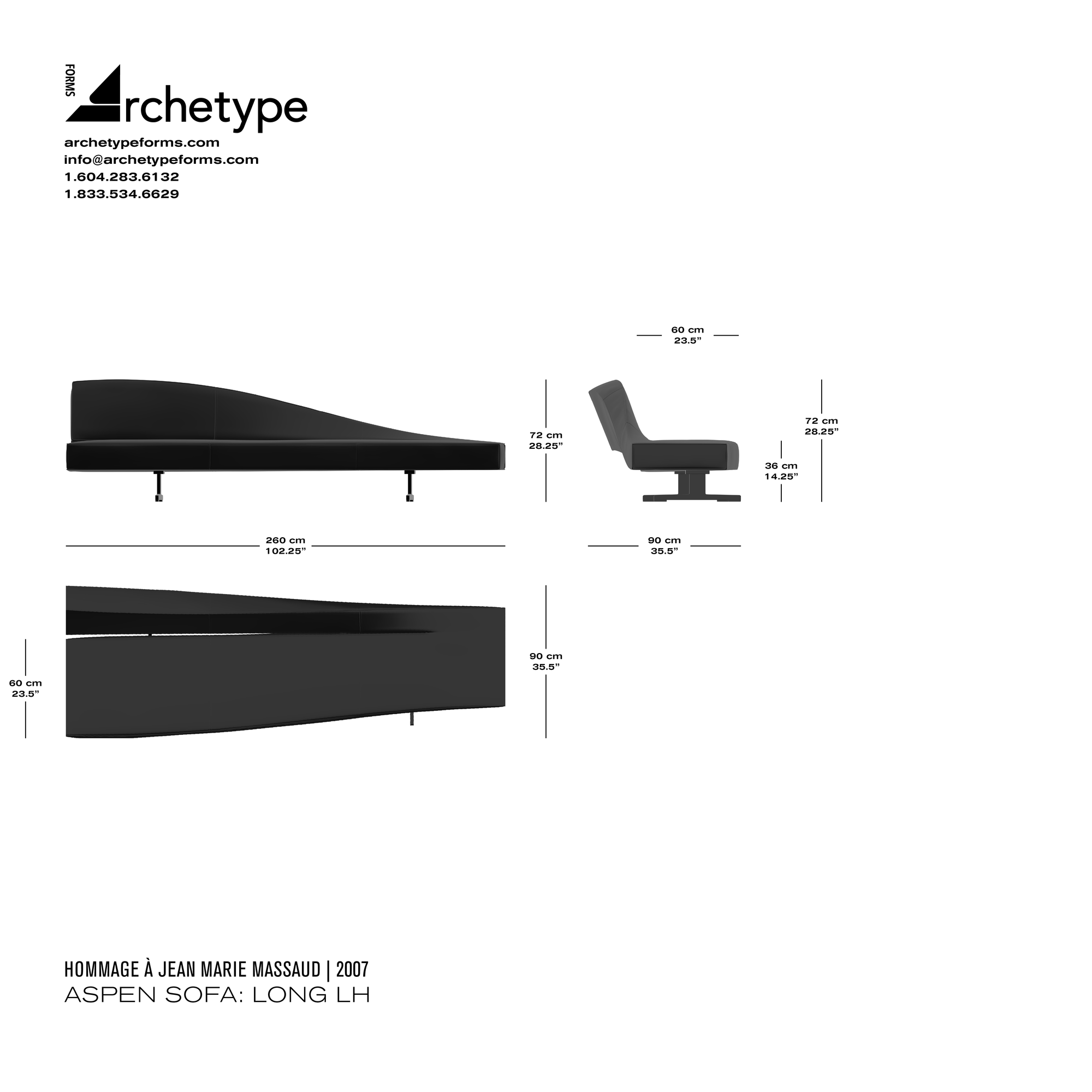 Dimensions diagram in cm and inches of the Archetype Forms Aspen Sofa: Long LH, a reproduction of the Jean Marie Massaud Aspen Sofas 276 21 & 276 22 by Hommage À Jean Marie Massaud