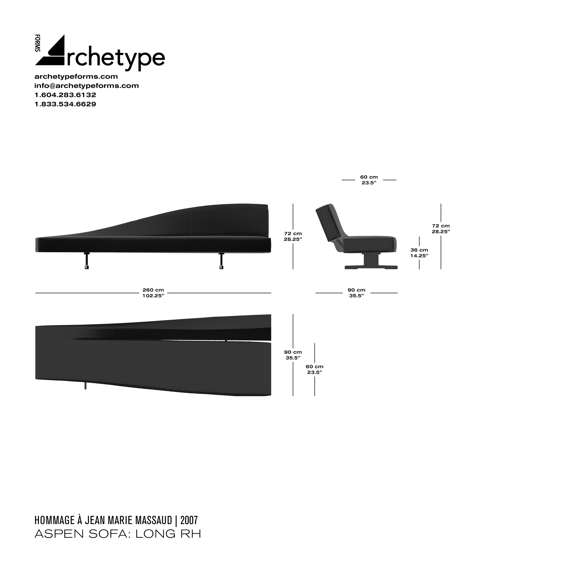 Dimensions diagram in cm and inches of the Archetype Forms Aspen Sofa: Long RH, a reproduction of the Jean Marie Massaud Aspen Sofas 276 21 & 276 22 by Hommage À Jean Marie Massaud