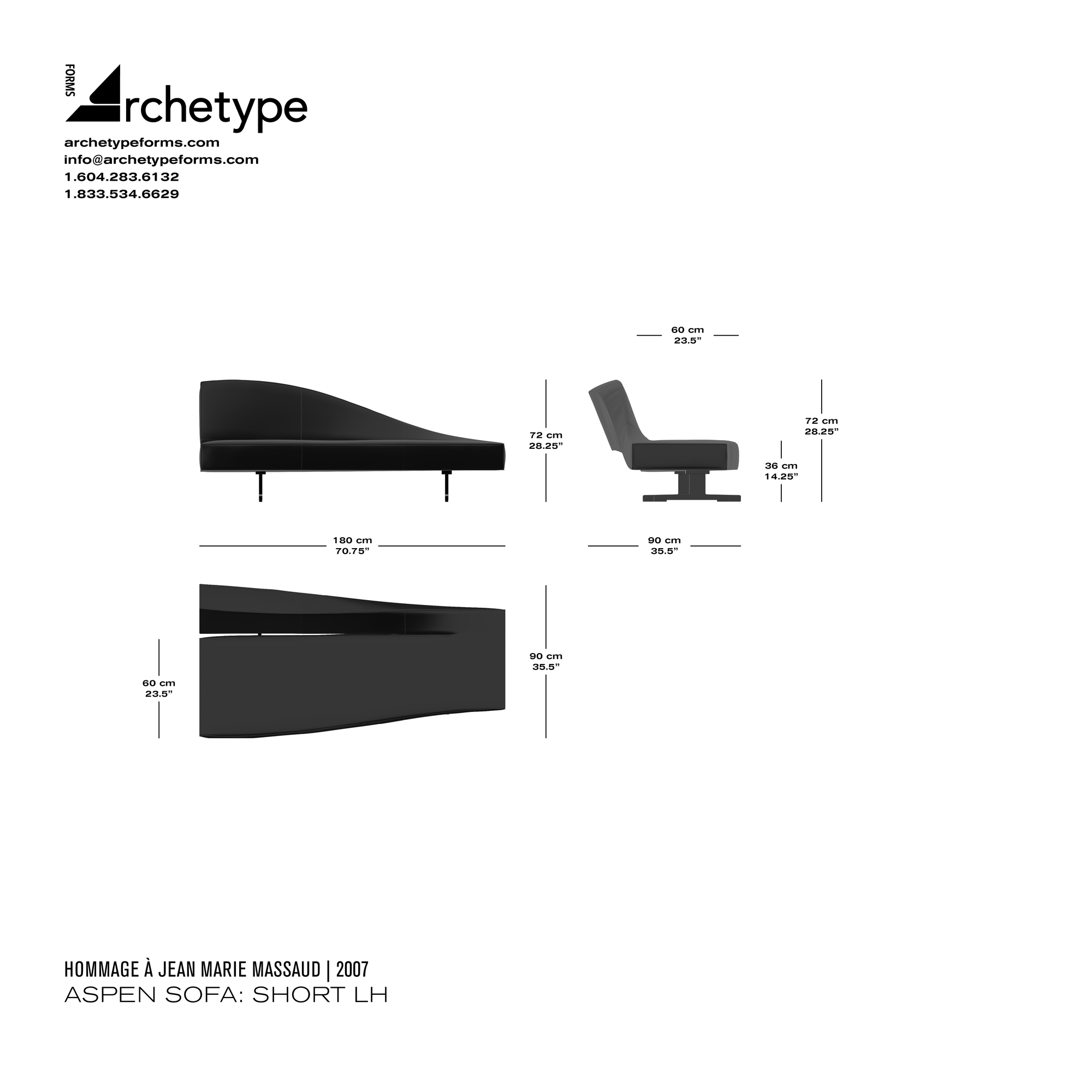 Dimensions diagram in cm and inches of the Archetype Forms Aspen Sofa: Short LH, a reproduction of the Jean Marie Massaud Aspen Sofas 276 11 & 276 12 by Hommage À Jean Marie Massaud