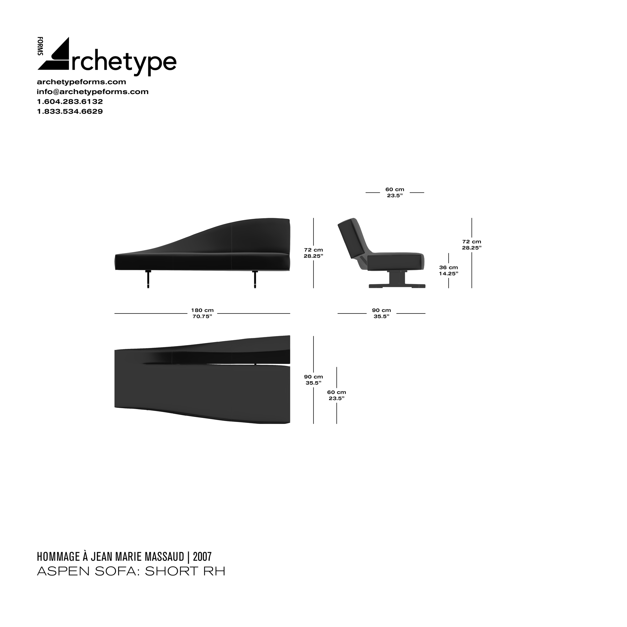 Dimensions diagram in cm and inches of the Archetype Forms Aspen Sofa: Short RH, a reproduction of the Jean Marie Massaud Aspen Sofas 276 11 & 276 12 by Hommage À Jean Marie Massaud