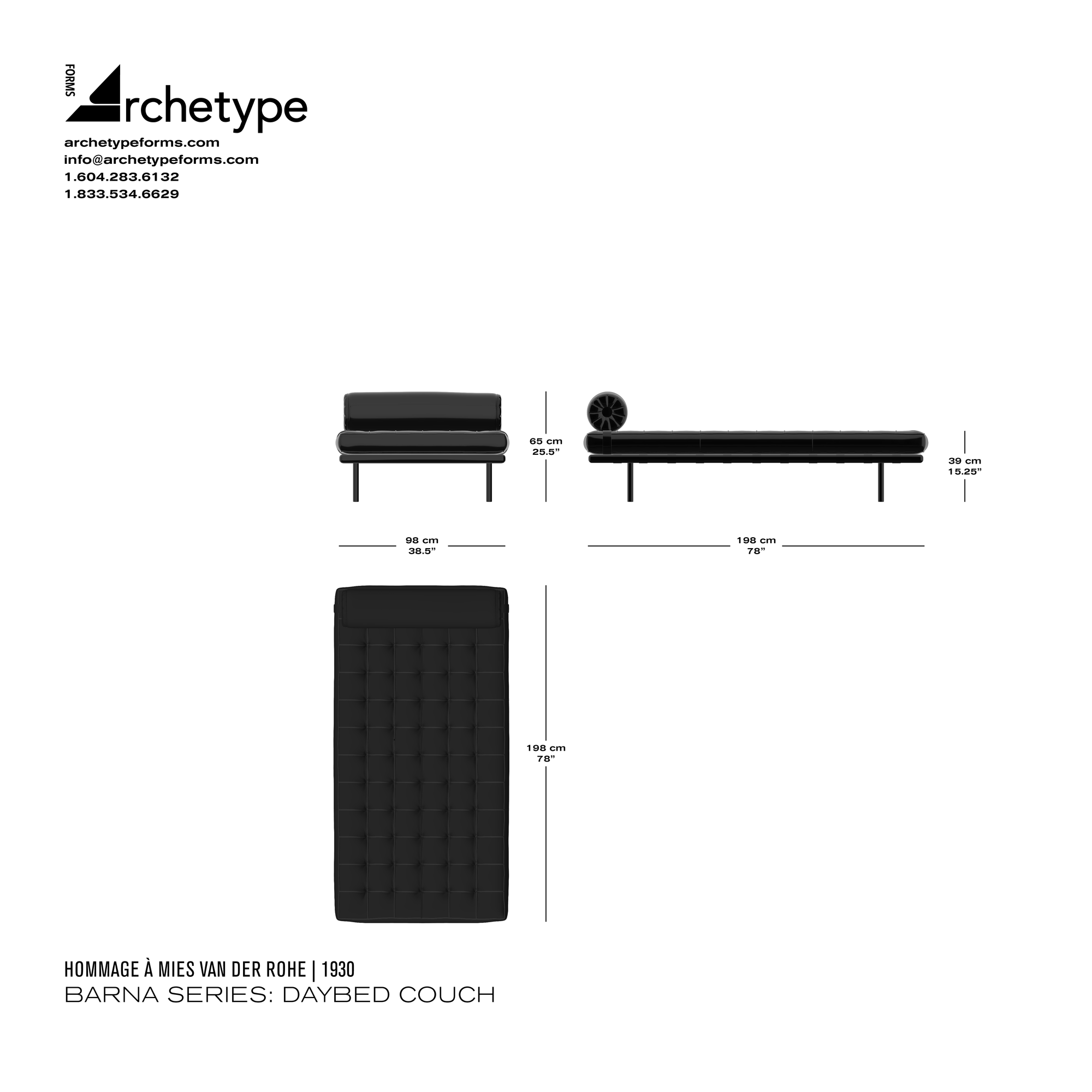 Dimensions diagram in cm and inches of the Archetype Forms Barna Series: Daybed Couch, a reproduction of the Mies van der Rohe Barcelona Day Bed, model 258 by Hommage À Mies van der Rohe
