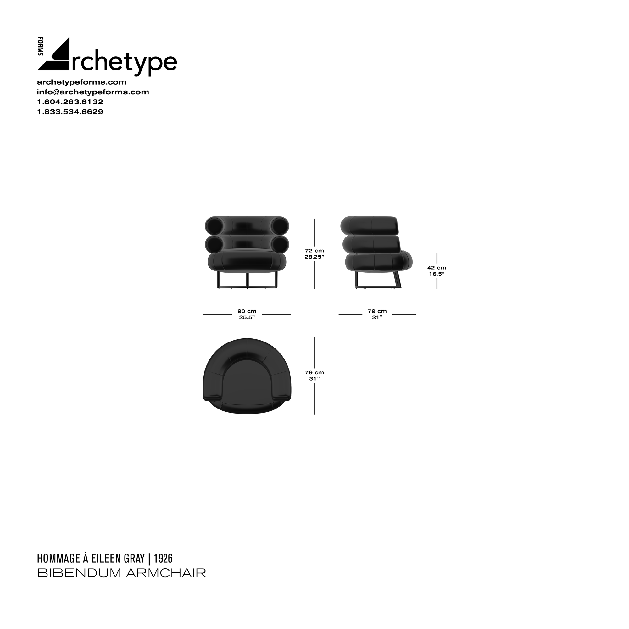 Dimensions diagram in cm and inches of the Archetype Forms Bibendum Armchair: Fabric, a reproduction of the Eileen Gray Bibendum Armchair design by Hommage À Eileen Gray