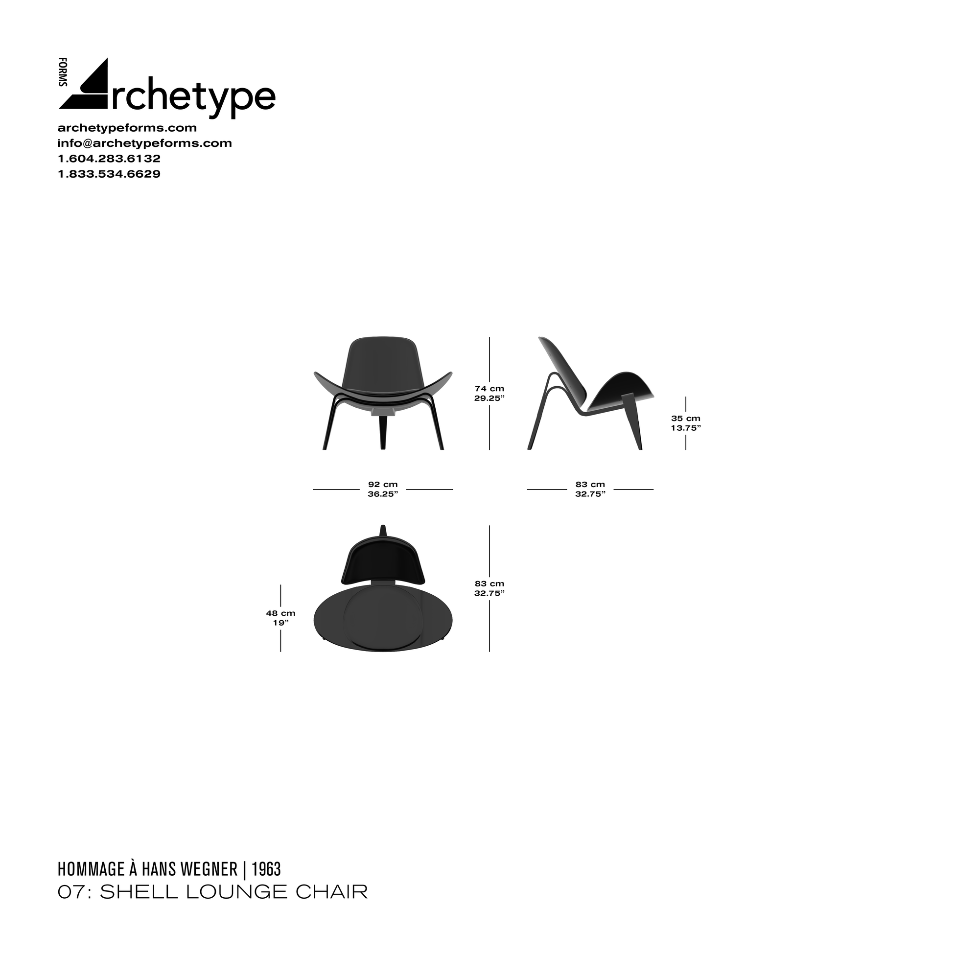 Dimensions diagram in cm and inches of the Archetype Forms 07: Shell Lounge Chair, a reproduction of the Hans J. Wegner Shell Chair for Carl Hansen, also known as Model CH07 Shell Chair by Hommage À Hans Wegner