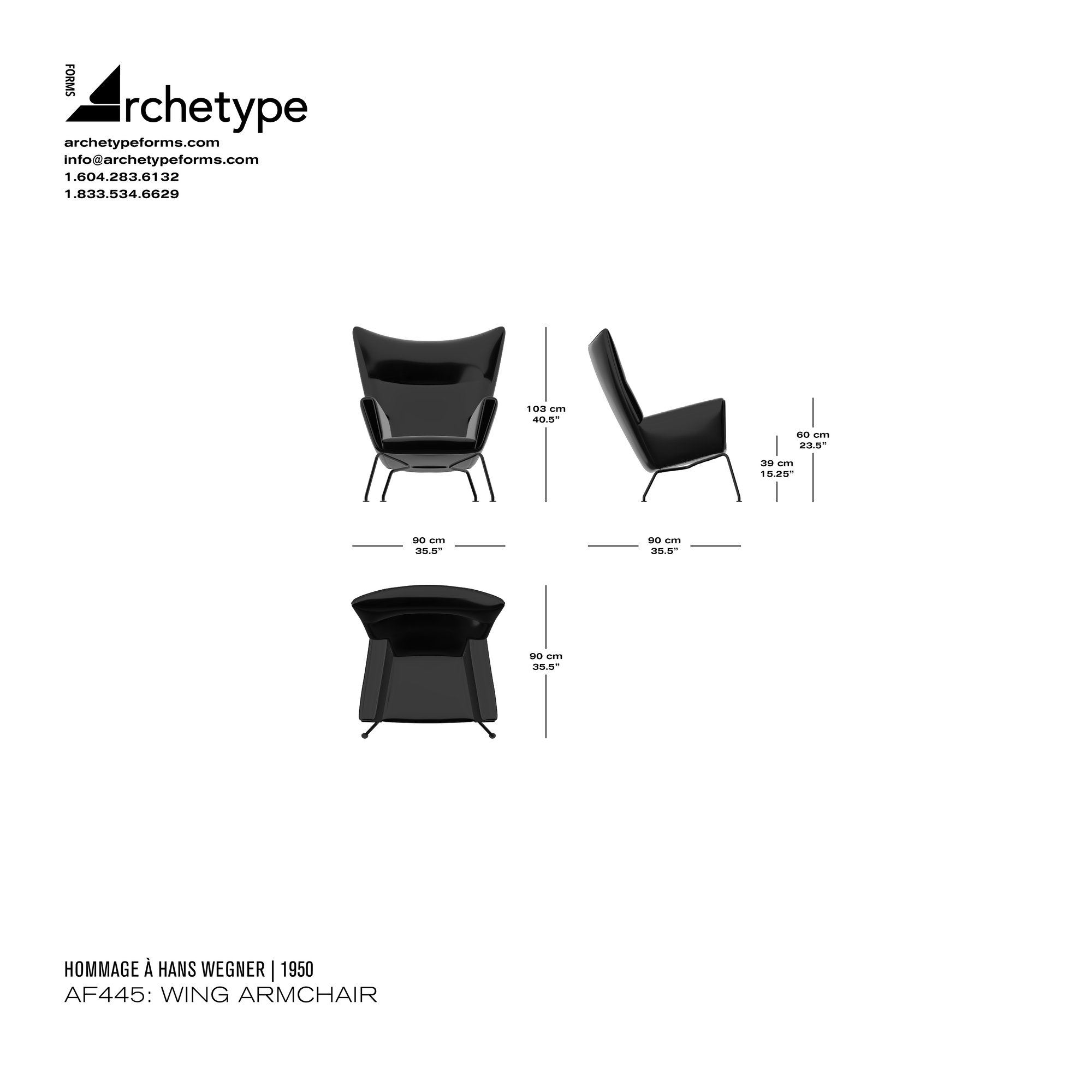 Dimensions diagram in cm and inches of the Archetype Forms AF445: Wing Armchair, a reproduction of the Hans J. Wegner Wing Chair, Model CH445 Wing Chair by Hommage À Hans Wegner