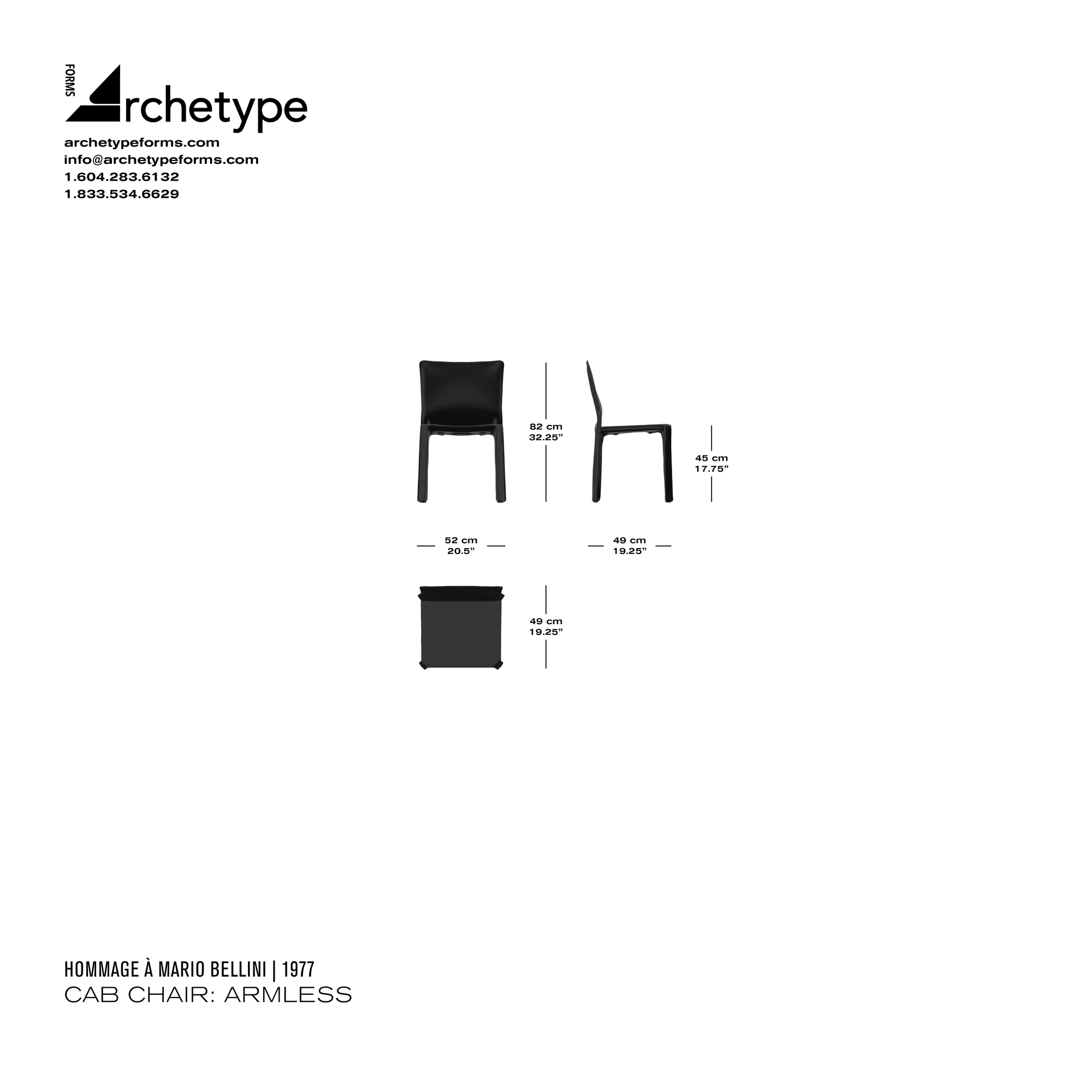 Dimensions diagram in cm and inches of the Archetype Forms Cab Chair: Armless, a reproduction of the Mario Bellini Cab 412 Chair by Hommage À Mario Bellini