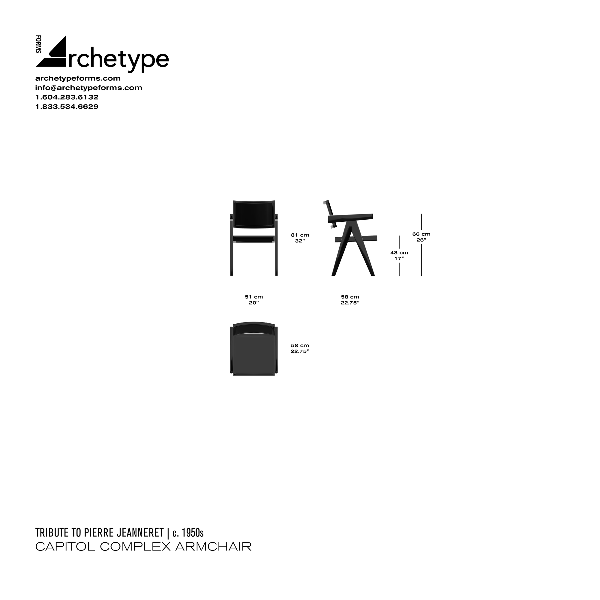 Dimensions diagram in cm and inches of the Archetype Forms Capitol Complex Armchair, a reproduction of the Pierre Jeanneret Capitol Complex Armchair, also known as the Model 051 Capitol Complex Armchair & Model 051 Capitol Complex Office Cane Chair by Tribute To Pierre Jeanneret