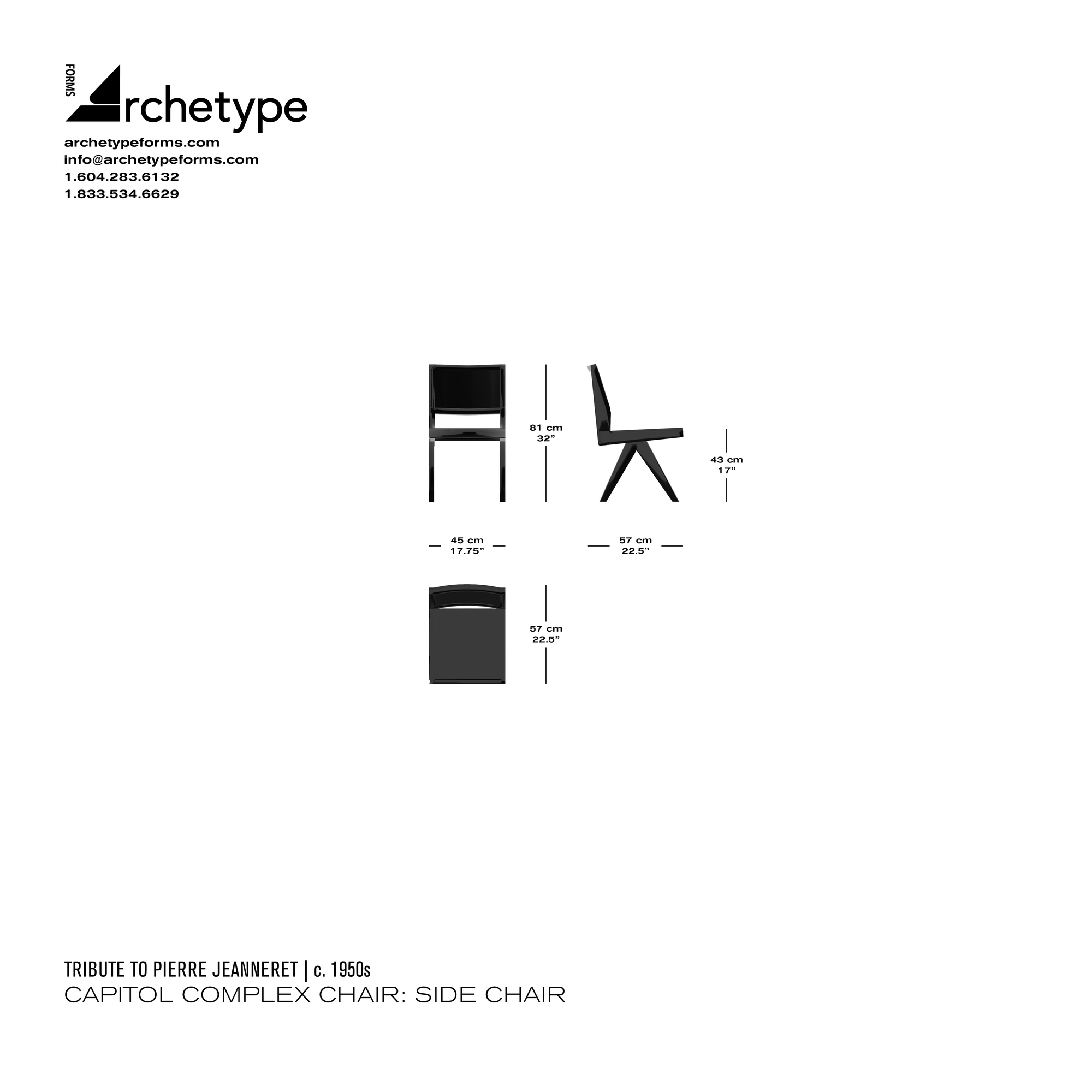 Dimensions diagram in cm and inches of the Archetype Forms Capitol Complex Chair: Side Chair, a reproduction of the Pierre Jeanneret Capitol Complex Chair, also known as the Model 055 Capitol Complex Chair & Model 055 Capitol Complex Office Chair by Tribute To Pierre Jeanneret