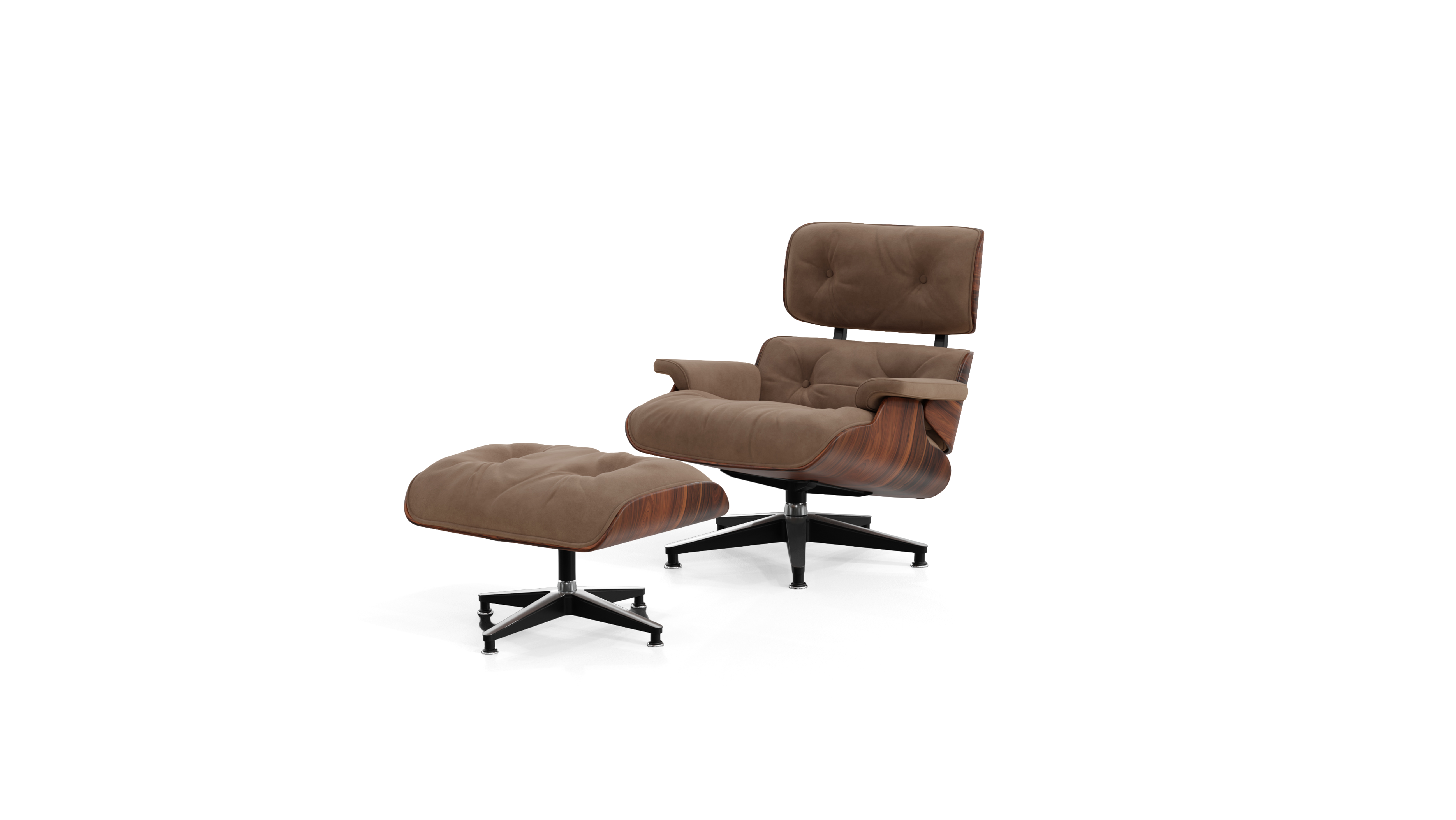 Brown Duna Nubuck Charles & Ray Eames lounge chair and ottoman Reproduction on a white background in the USA in Canada