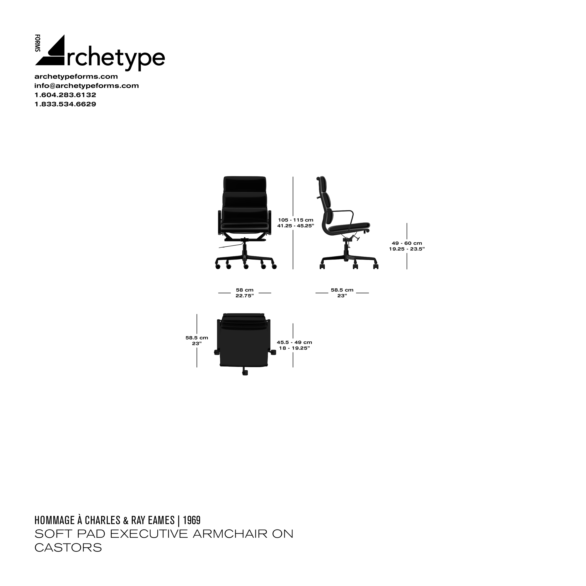 Dimensions diagram in cm and inches of the Archetype Forms Soft Pad Executive Armchair on Castors, a reproduction of the Charles & Ray Eames Soft Pad Executive Armchair Models EA 219 & EA 437, with castors and executive-height backrest by Hommage À Charles & Ray Eames