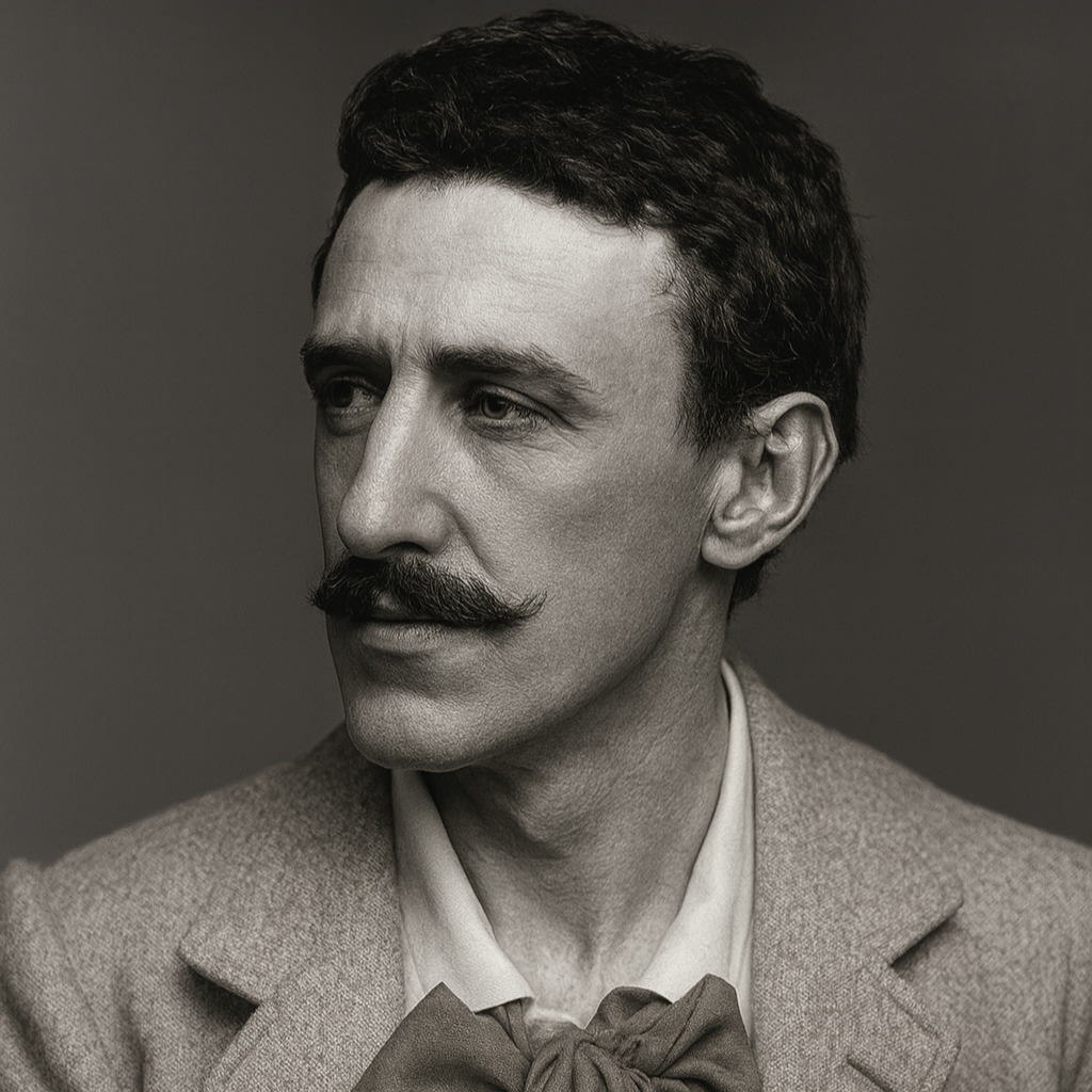 Charles Rennie Mackintosh Wikimedia Commons Share Alike License - Cropped & Black & White Modification. Original license here: https://commons.wikimedia.org/wiki/File:Charles_rennie_mcintosh_wiki.png