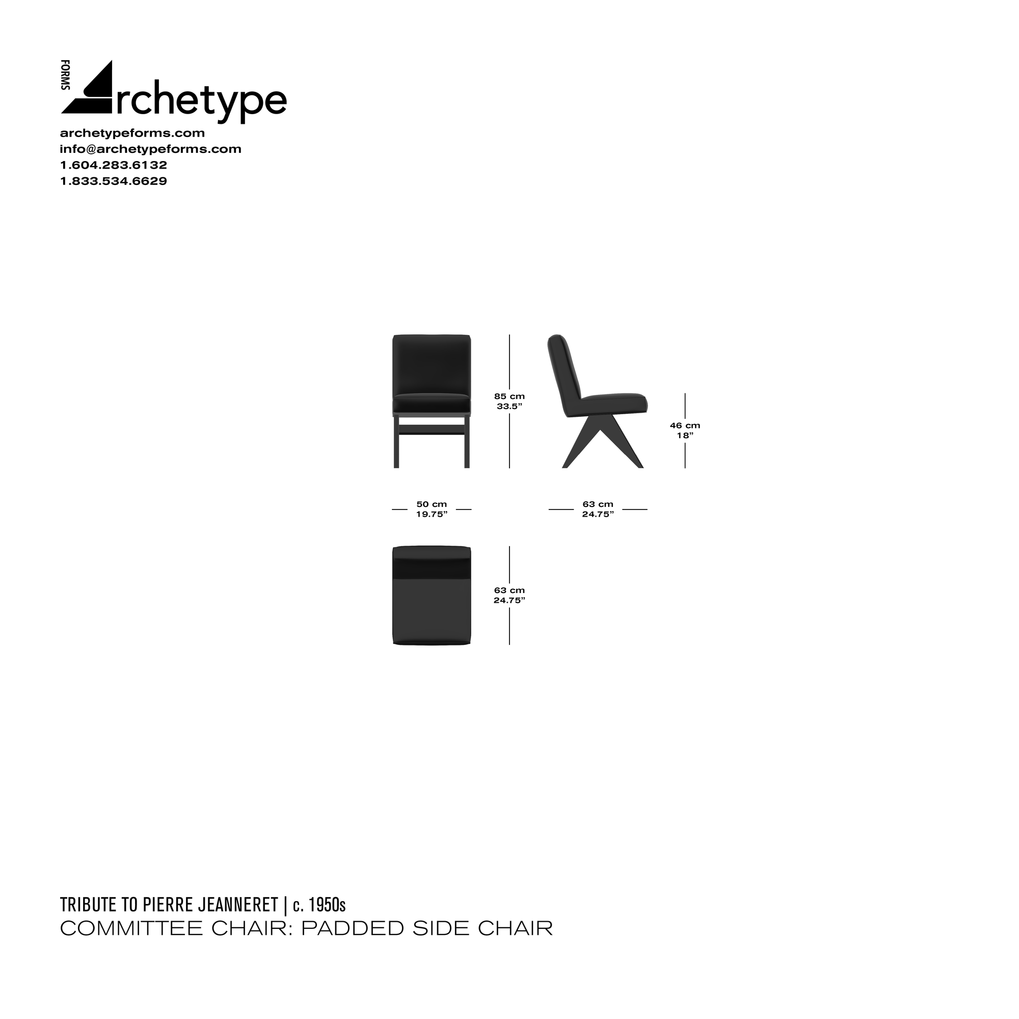 Dimensions diagram in cm and inches of the Archetype Forms Committee Chair: Padded Side Chair, a reproduction of the Pierre Jeanneret Committee Side Chair, also known as the Model 062 Committee Chair & Chandigarh Committee Chair by Tribute To Pierre Jeanneret
