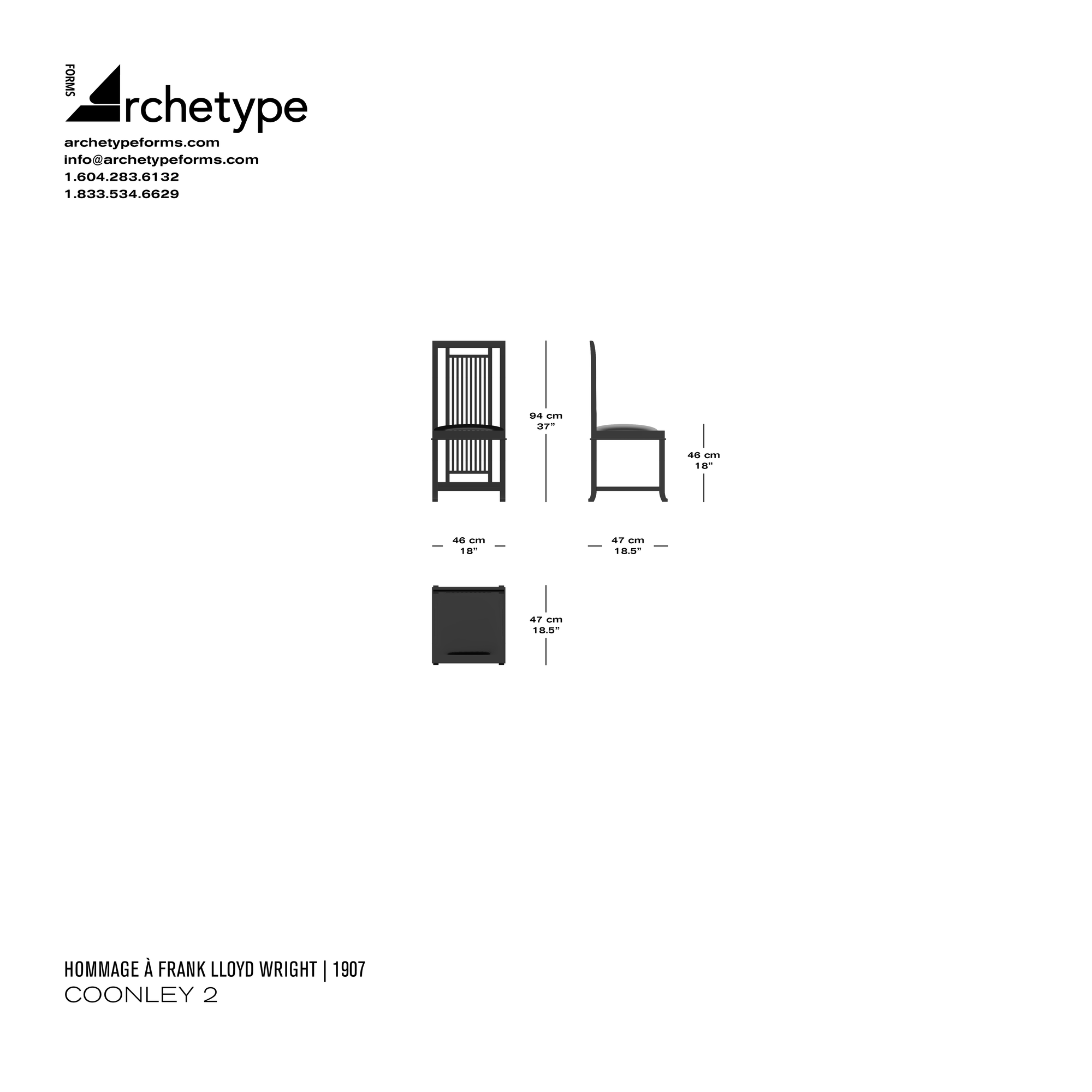 Dimensions diagram in cm and inches of the Archetype Forms Coonley 2, a reproduction of the Frank Lloyd Wright Coonley 2 Chair model 614 138 by Hommage À Frank Lloyd Wright
