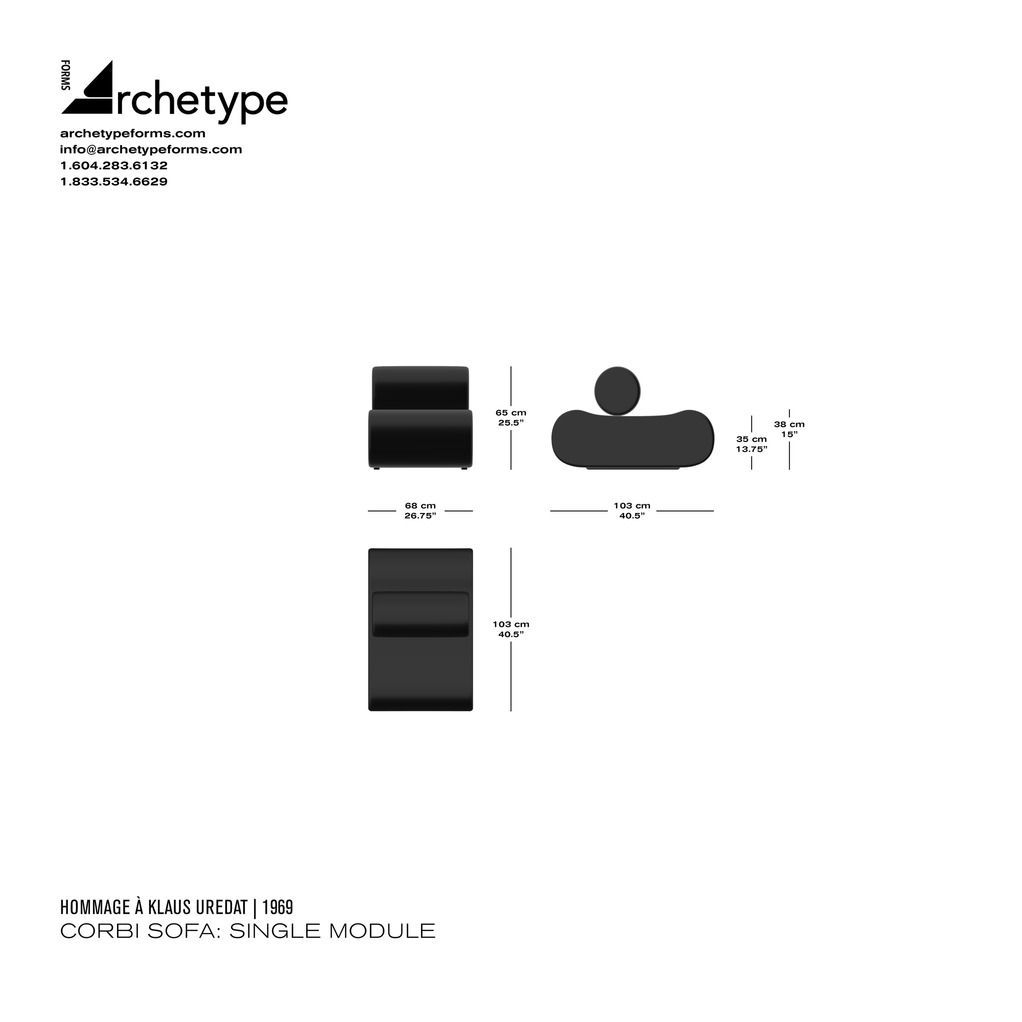 Dimensions diagram in cm and inches of the Archetype Forms Corbi Sofa: One-Seater, a reproduction of the Klaus Uredat Corbi Lounge Chair, also known as Corbi Sofa System by Hommage À Klaus Uredat