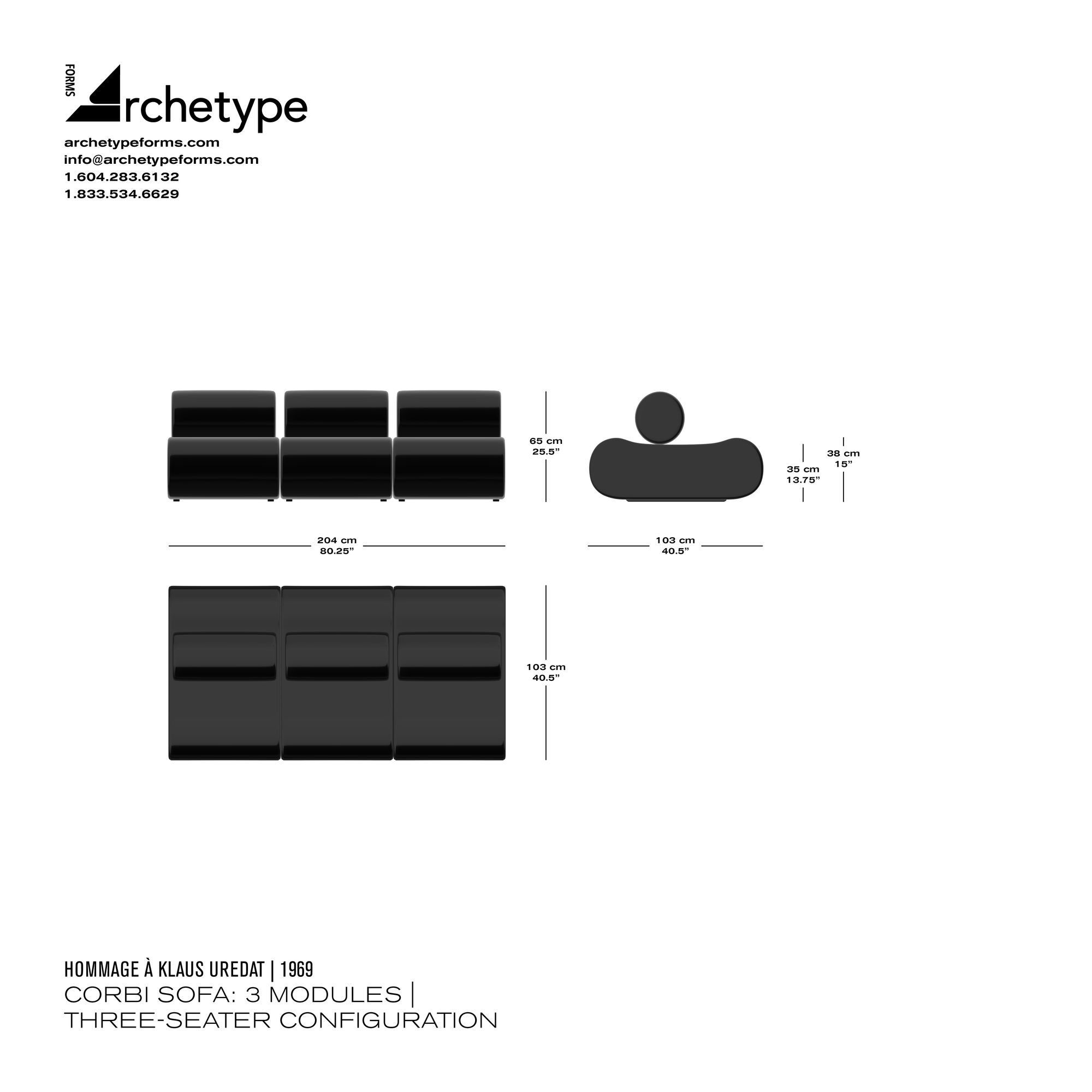 Dimensions diagram in cm and inches of the Archetype Forms Corbi Sofa: Three-Seater, a reproduction of the Klaus Uredat Corbi Sofa, also known as Corbi Sofa System by Hommage À Klaus Uredat