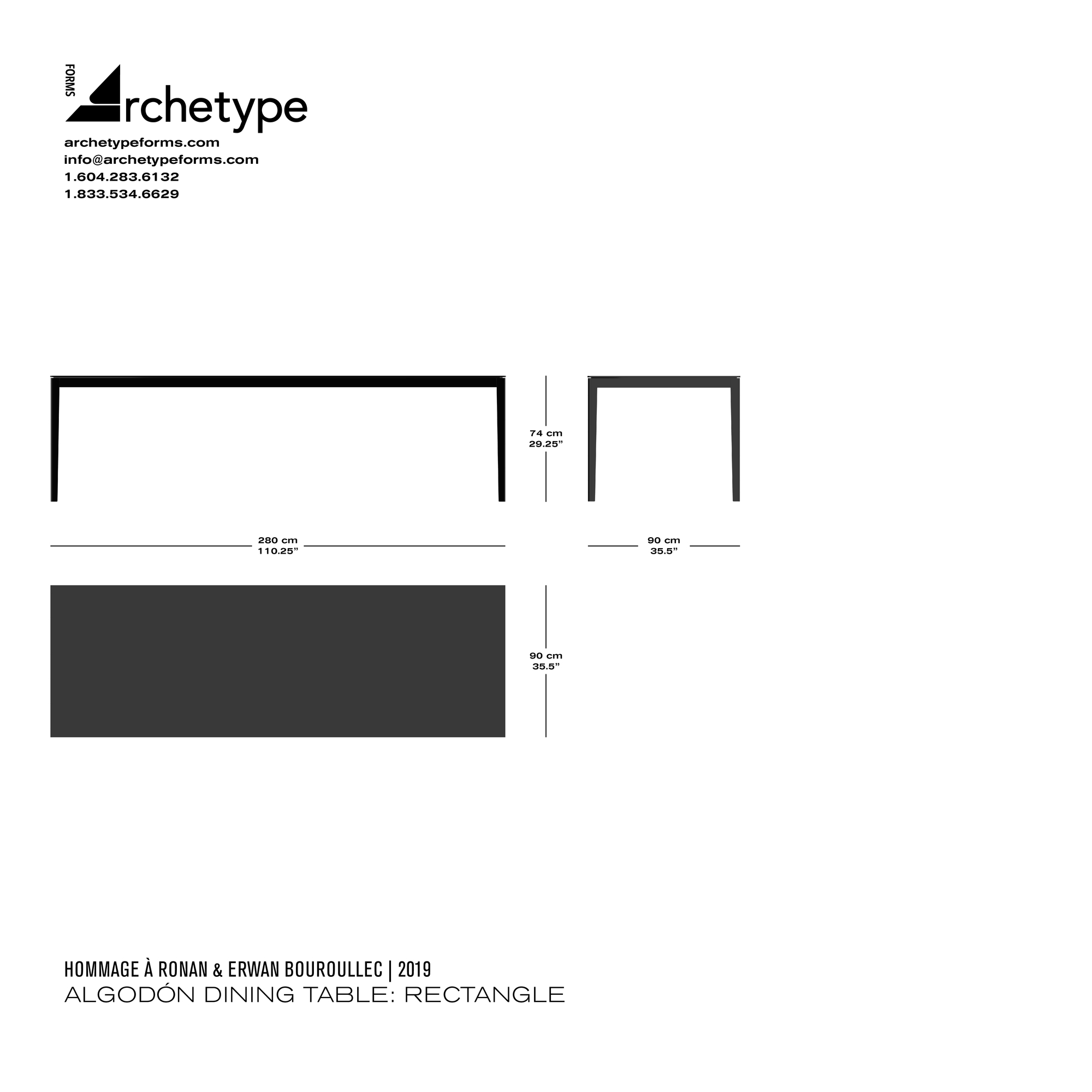 Dimensions diagram in cm and inches of the Archetype Forms Algodón Dining Table: Rectangle, a reproduction of the Ronan and Erwan Bouroullec Cotone Dining Table, Model 142 Rectangle by Hommage À Ronan & Erwan Bouroullec