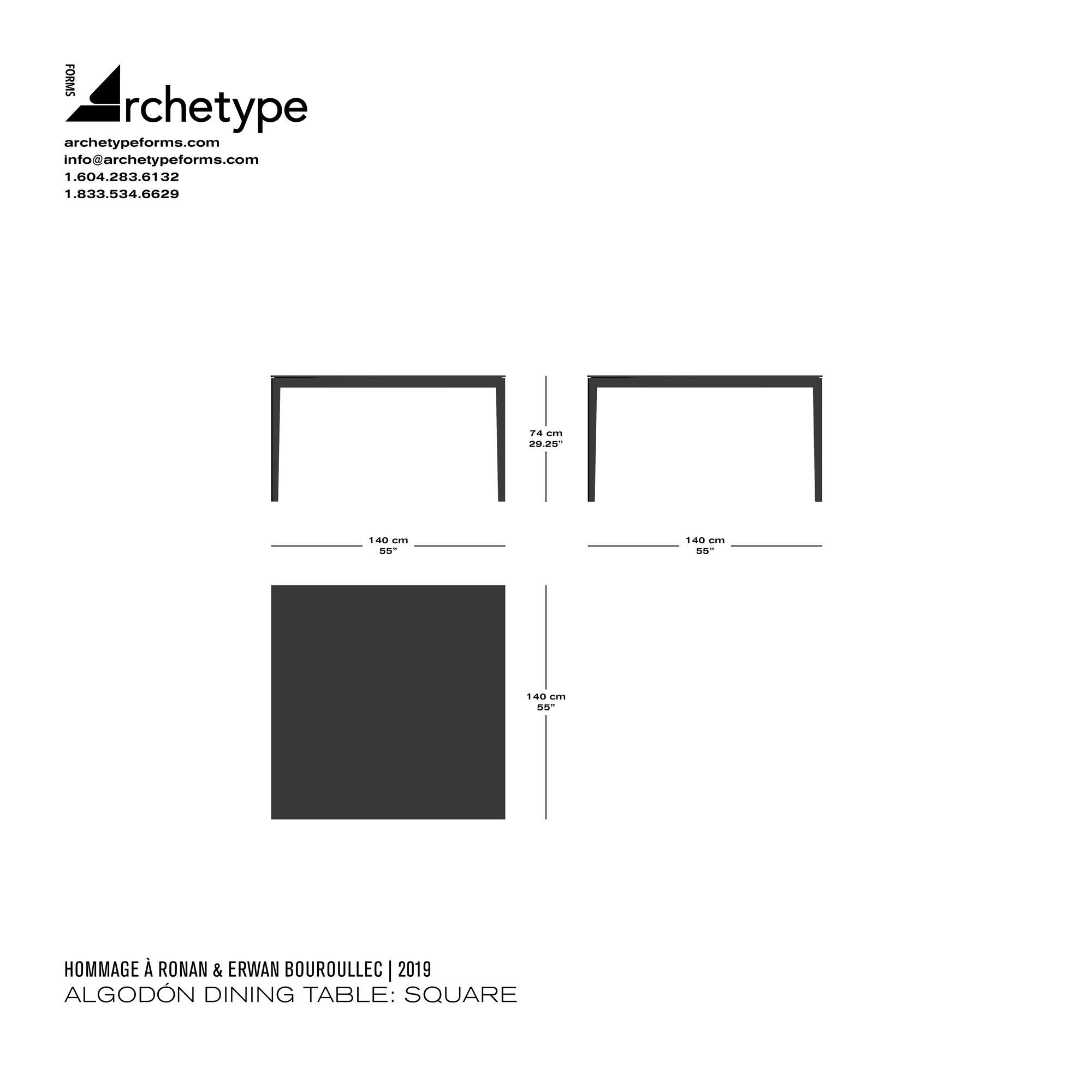 Dimensions diagram in cm and inches of the Archetype Forms Algodón Dining Table: Square, a reproduction of the Ronan and Erwan Bouroullec Cotone Dining Table, Model 142 Square by Hommage À Ronan & Erwan Bouroullec