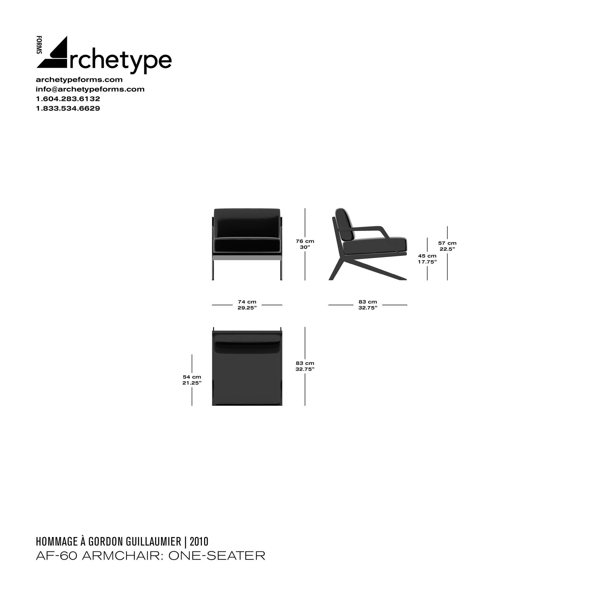Dimensions diagram in cm and inches of the Archetype Forms AF-60 Armchair: One-Seater, a reproduction of the Gordon Guillaumier DS-60 Armchair, model DS-60/01 by Hommage À Gordon Guillaumier
