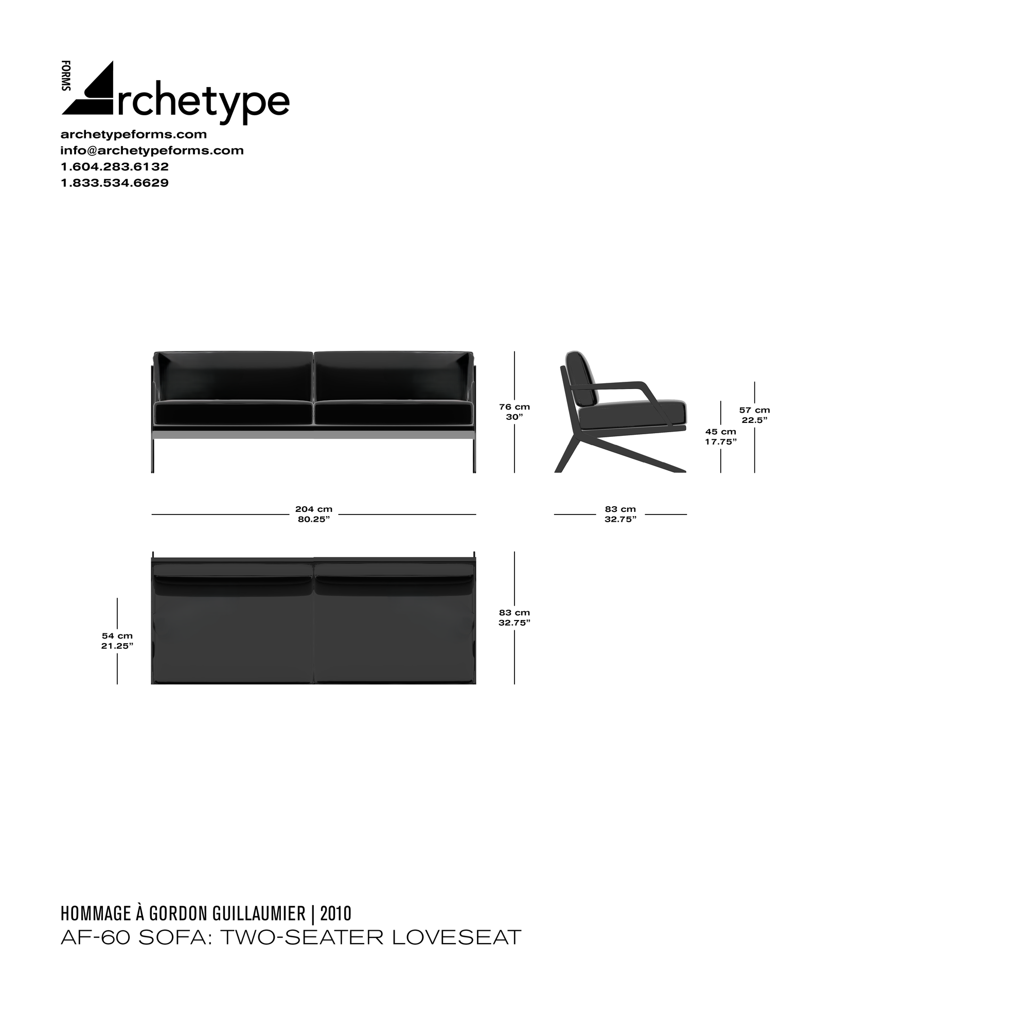 Dimensions diagram in cm and inches of the Archetype Forms AF-60 Sofa: Two-Seater Loveseat, a reproduction of the Gordon Guillaumier DS-60 Sofa Loveseat, model DS-60/03 by Hommage À Gordon Guillaumier